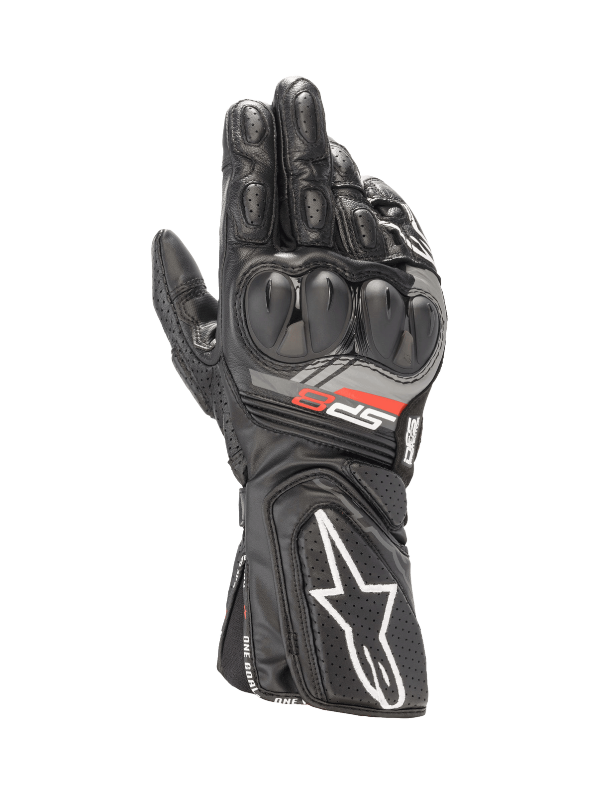 Alpinestars SP-8 V3 black motorcycle racing gloves featuring SP dual density knuckle protection and goat leather construction.