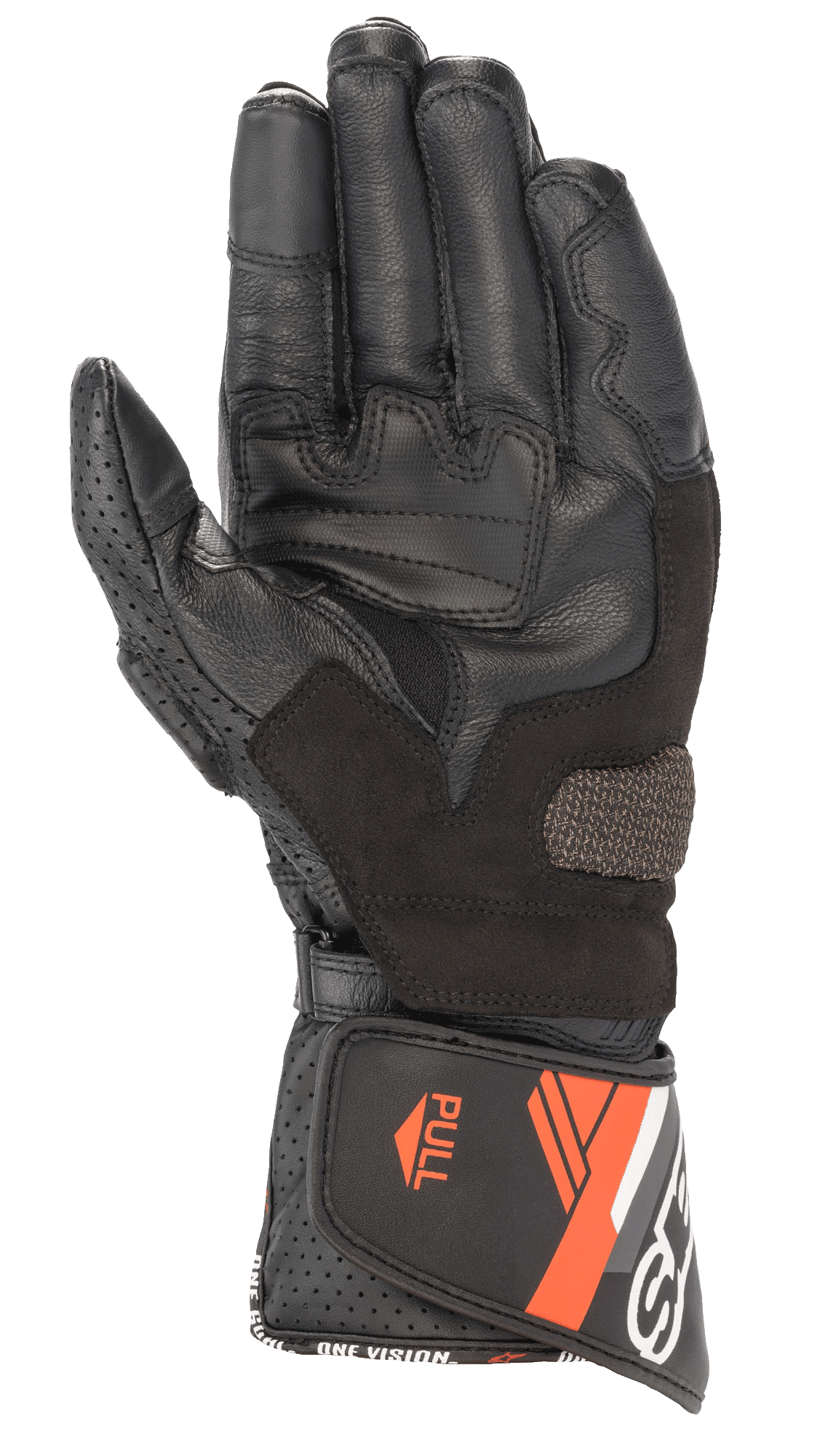 Alpinestars SP-8 V3 Leather Glove, skórzane rękawice motocyklowe, czarno-czerwone fluo, widok od wewnętrznej strony dłoni ukazujący wzmocnione panele chwytne, perforowany skórzany kciuk oraz regulowany mankiet z pomarańczowymi akcentami i hasłem „ONE GOAL ONE VISION”