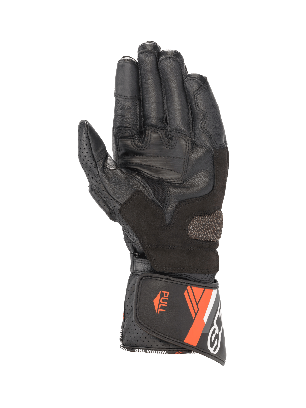 Rękawice Alpinestars SP-8 V3, męskie skórzane rękawice motocyklowe, czarne, czerwone fluo, widok dłoni z wstawkami chwytnymi.