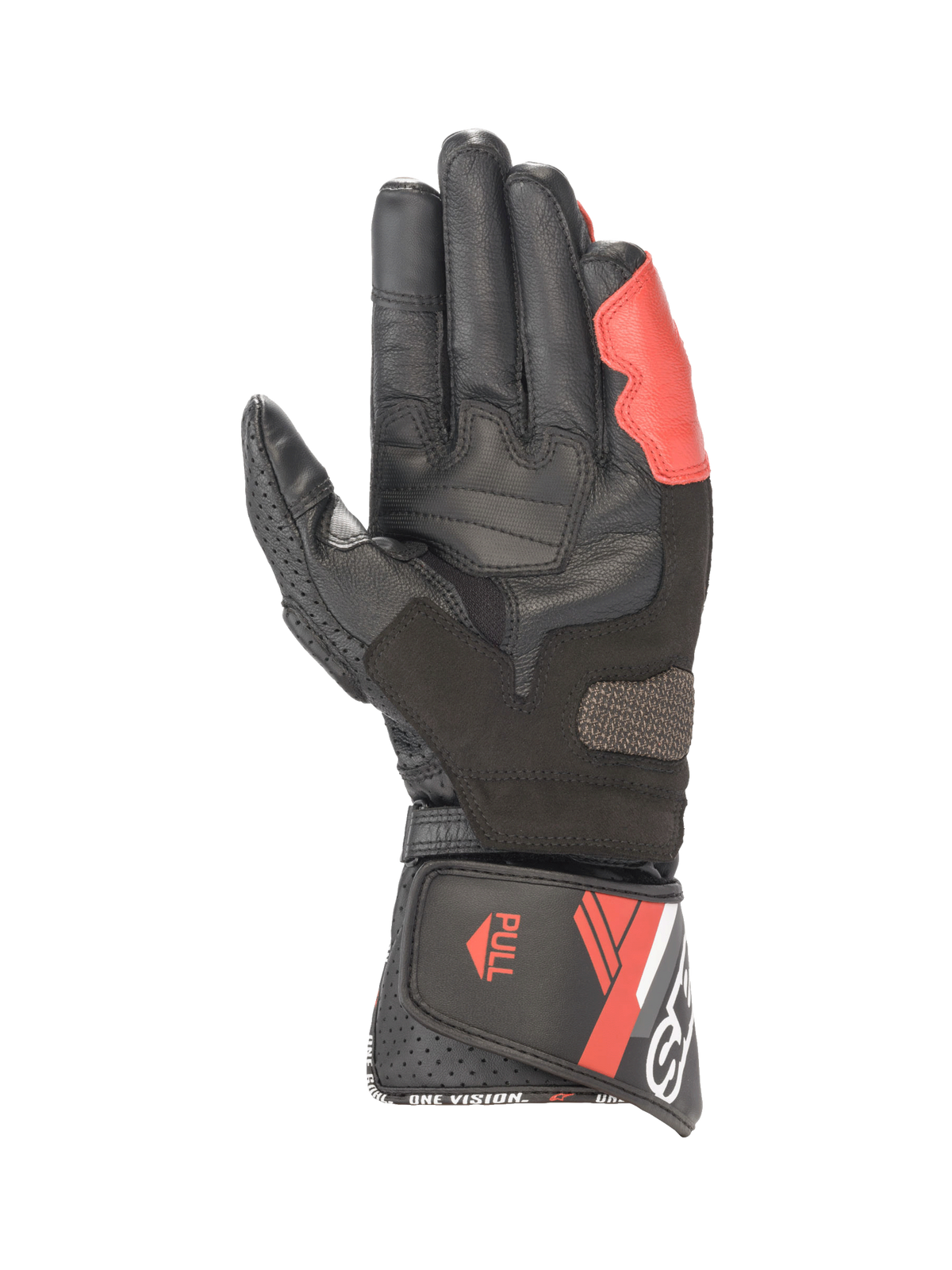 Alpinestars SP-8 V3, męskie rękawice motocyklowe wyścigowe, czarne i jasnoczerwone, widok dłoni z wzmocnieniami i długim mankietem, skóra premium.