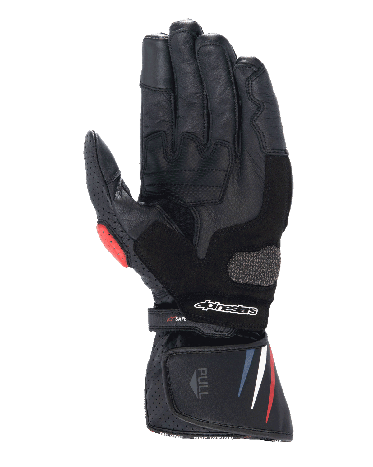 Rękawice motocyklowe Alpinestars Honda SP-8 V3, czarne z czerwonymi i niebieskimi akcentami, widok od strony dłoni, konstrukcja ze skóry pełnoziarnistej, wzmocniony slider dłoni, perforowane detale, przedłużony mankiet z logo Alpinestars