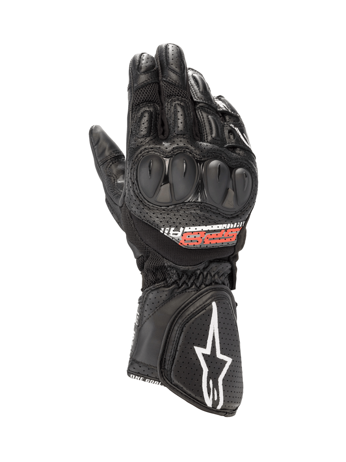Alpinestars SP-8 V3 Air, czarne rękawice motocyklowe z perforowanej skóry i siatki mesh z ochroną kostek o podwójnej gęstości.