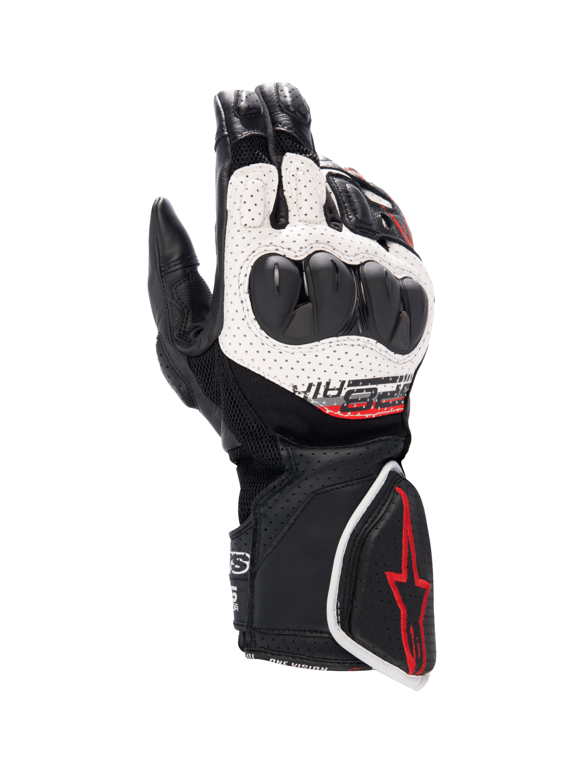 Alpinestars SP-8 V3 Air, męskie rękawice motocyklowe wyścigowe, czarne i białe z czerwonymi detalami, ochrona kostek, perforowana skóra i siatka 3D