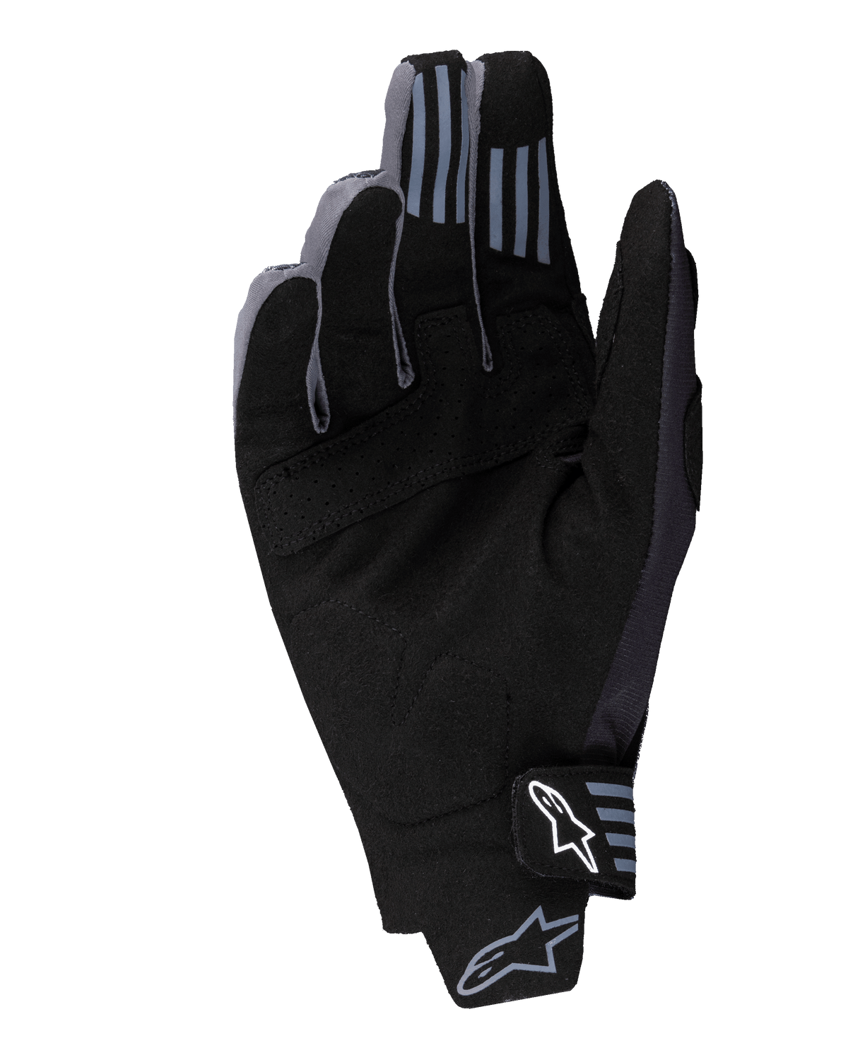Alpinestars Techstar Gloves 2025, rękawice motocrossowe, czarne, widok dłoni z syntetycznego zamszu z perforowanymi detalami, silikonowe elementy na opuszkach palców, białe logo Alpinestars na zapięciu nadgarstka