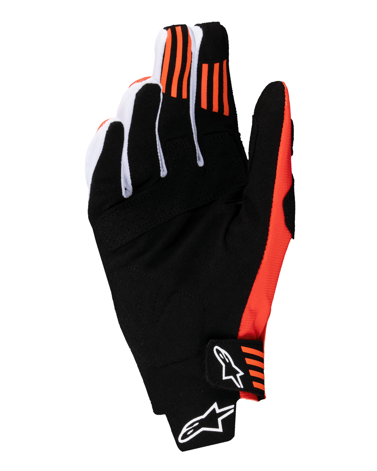 Alpinestars 2025 Techstar Gloves, rękawice motocrossowe, czarno-pomarańczowe, widok od strony dłoni z syntetycznym zamszem, pomarańczowy silikonowy nadruk na palcu wskazującym i środkowym, formowane zapięcie z białym logo Alpinestars.