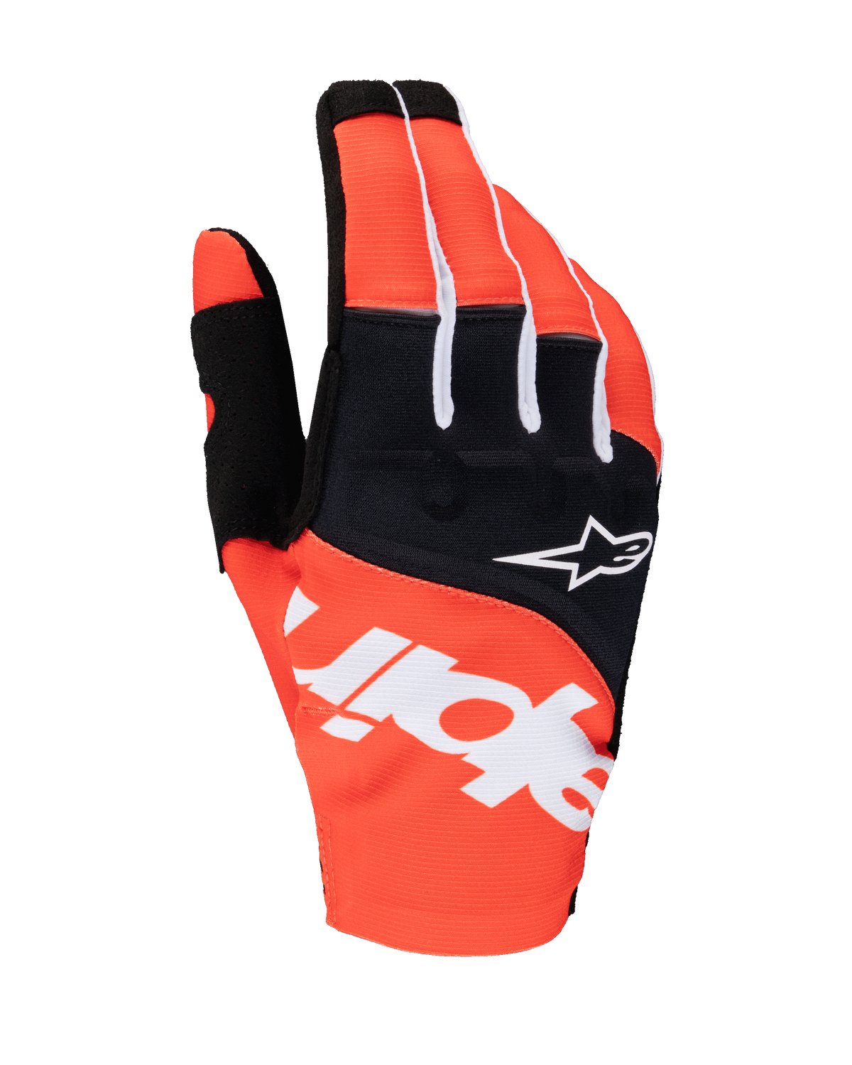 Alpinestars Techstar Gloves 2025, rękawice motocrossowe, czarne i jaskrawopomarańczowe, biały branding Alpinestars na grzbiecie dłoni, białe logo gwiazdy na czarnym panelu kostek, profesjonalna odzież tekstylna do wyścigów off-road