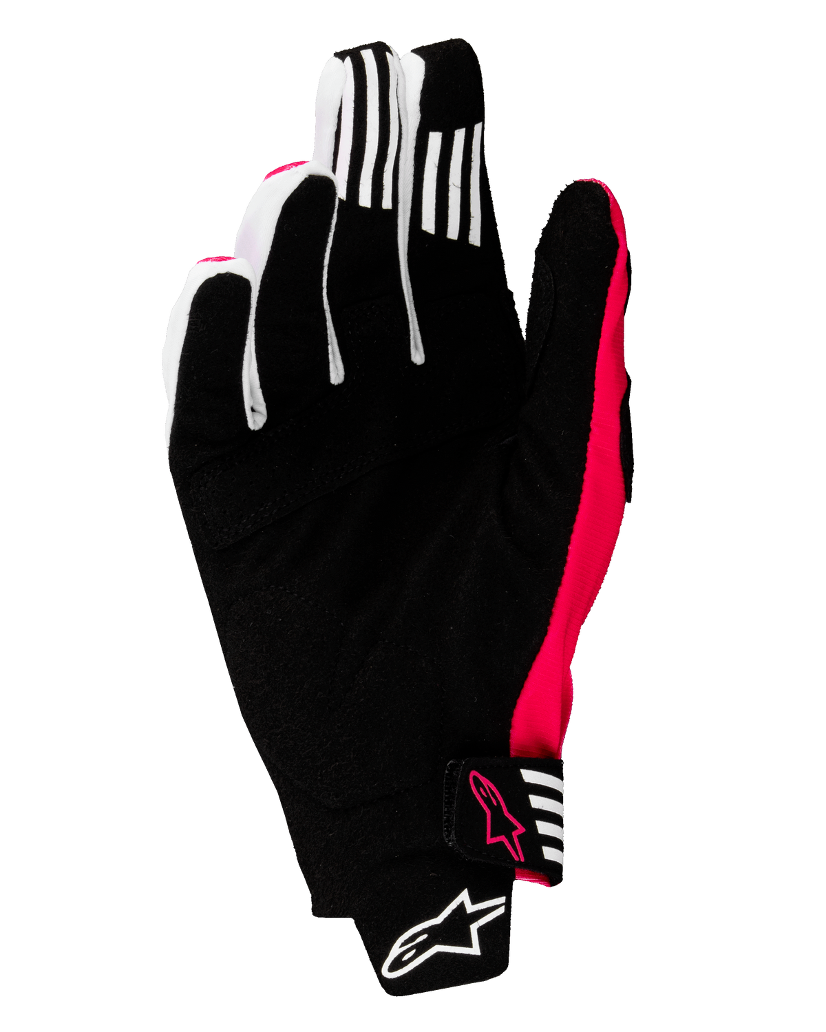 Rękawice Alpinestars Techstar 2025, rękawice motocrossowe, czarno-różowe fluo, widok dłoni z wzmocnionym syntetycznym zamszem, białe paski na palcach, neonowe różowe akcenty i logo, bezszwowe zapięcie z logo Alpinestars
