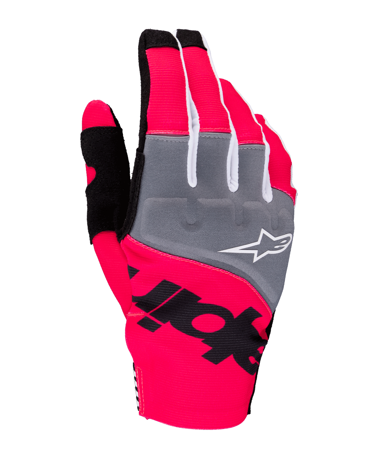 Rękawice Alpinestars Techstar 2025, rękawice motocrossowe, różowy fluo, szary i czarny, szare panele na kostkach z białym logo, wyraźny czarny branding na neonowo-różowym elastycznym materiale, lekka konstrukcja z białymi akcentami do jazdy off-road