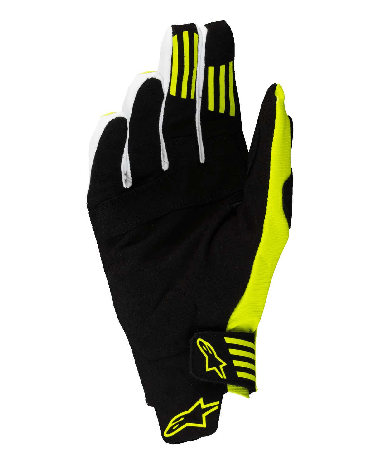 Alpinestars Techstar Gloves 2025, rękawice motocrossowe, czarno-żółte fluo, widok od strony dłoni z wzmocnionym syntetycznym zamszem, silikonowe paski na pierwszym i drugim palcu oraz bezpieczne zapięcie na nadgarstku z żółtym logo