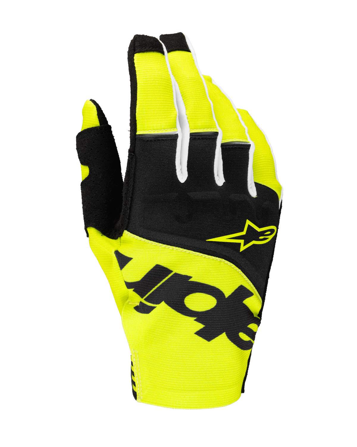 Alpinestars 2025 Techstar Gloves, rękawice motocrossowe, czarne i żółte fluo, z żółtym logo gwiazdy i wyraźnym czarnym brandingiem, konstrukcja tekstylna z materiałem micro ripstop do jazdy off-road