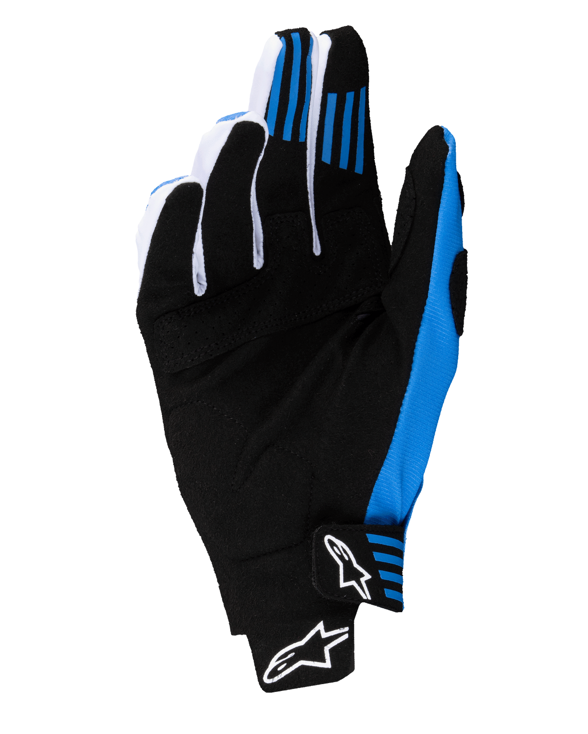 Alpinestars 2025 Techstar Gloves, rękawice motocrossowe, czarno-niebieskie, widok od strony dłoni przedstawiający wzmocnioną konstrukcję z syntetycznego zamszu, niebieskie silikonowe uchwyty na palcach oraz bezszwowe zapięcie nadgarstka z białymi logotypami Astars.
