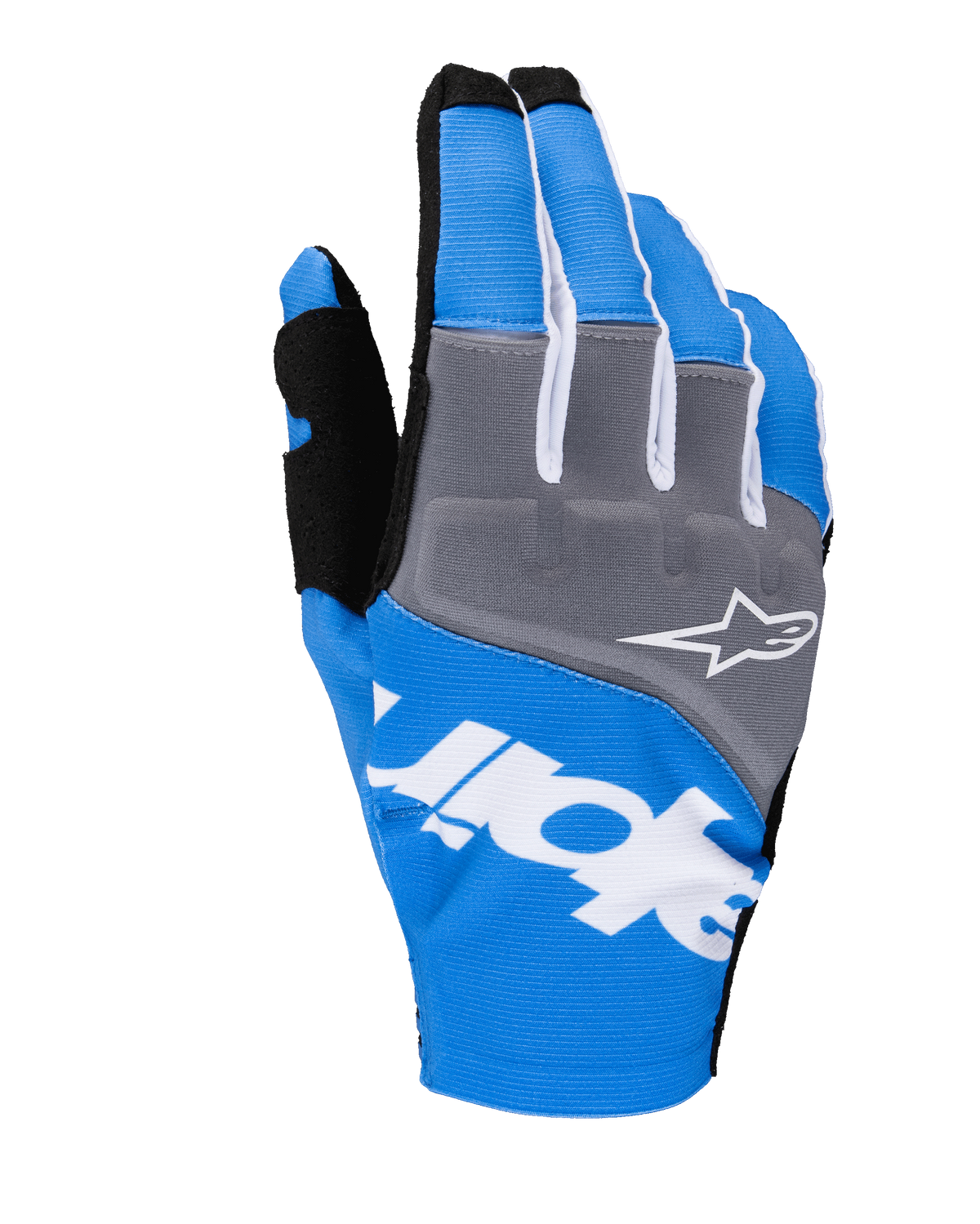 Rękawice Alpinestars Techstar 2025, rękawice motocrossowe, niebieskie i szare z białymi i czarnymi akcentami, białe logo gwiazdy na panelu kostek, wyraźny biały branding na grzbiecie dłoni, żebrowana konstrukcja tekstylna do wyścigów off-road
