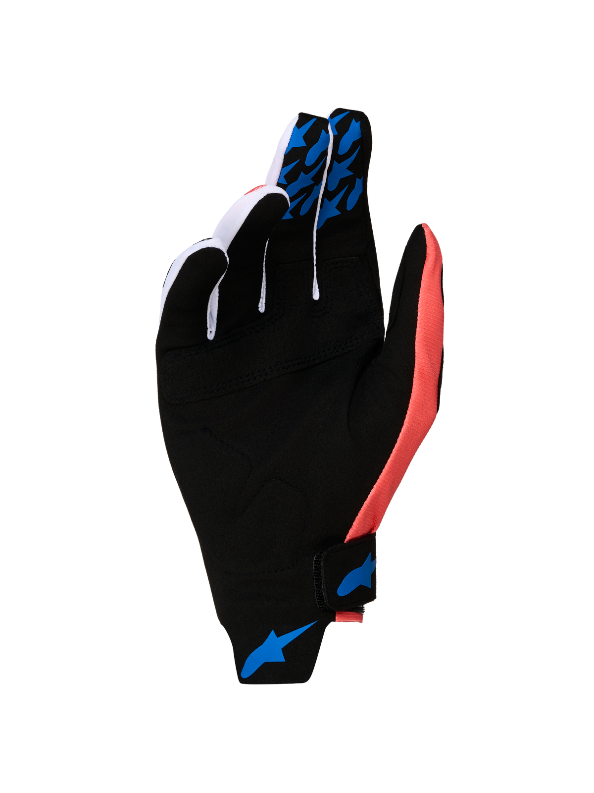 Alpinestars Techstar 2027, rękawice motocrossowe, czarne i różowe, dłoń z syntetycznego zamszu, niebieskie silikonowe detale.