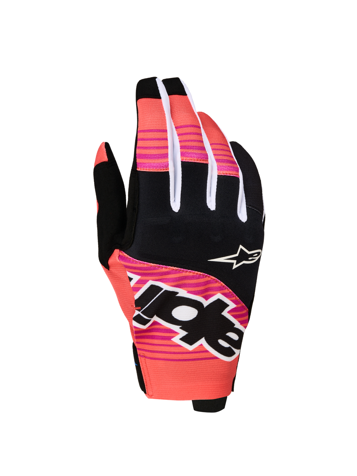 Alpinestars Techstar 2027, męskie rękawice wyścigowe motocrossowe, różowe i czarne, sublimowana grafika i neoprenowe kostki.