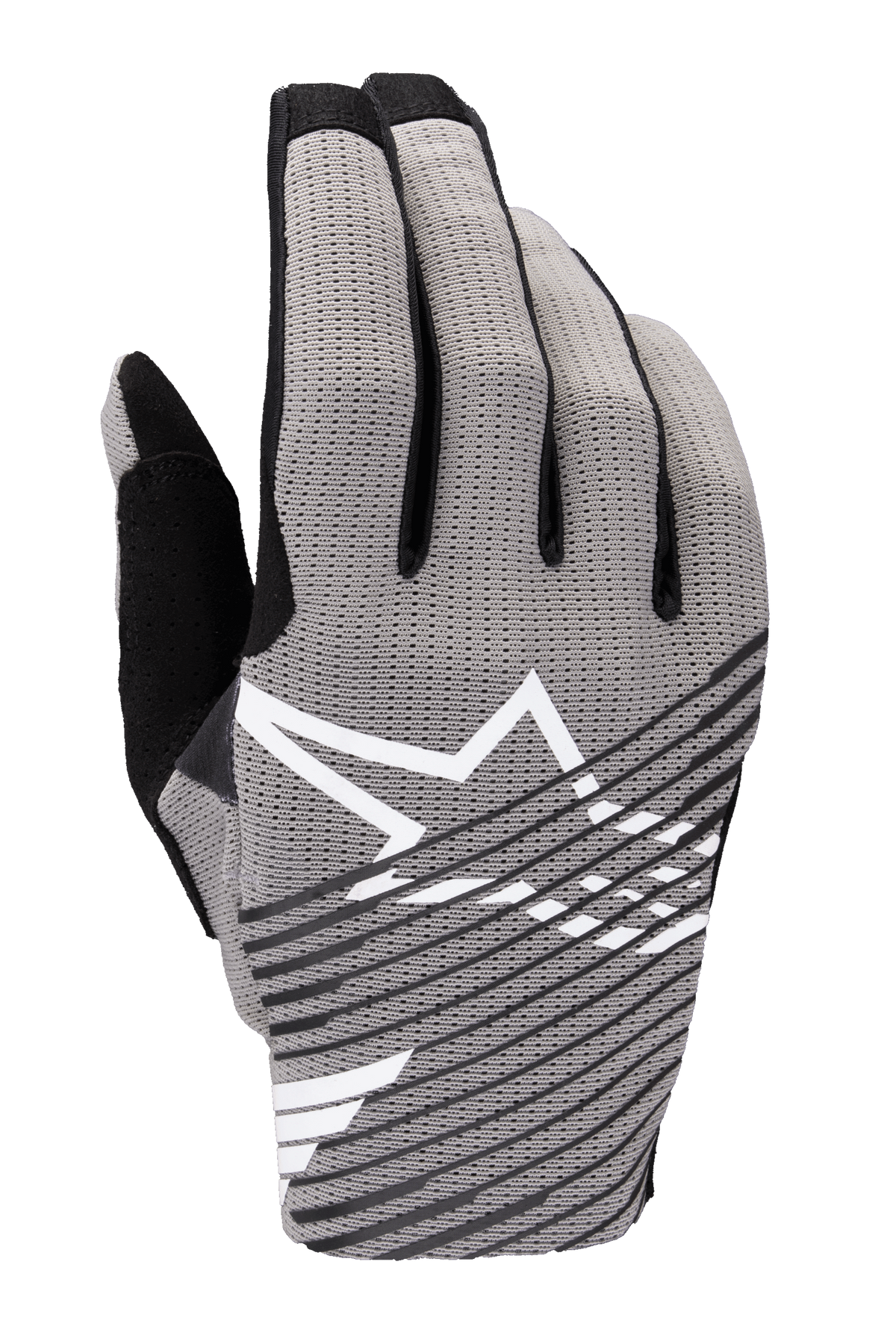 Rękawice Alpinestars 2025 Radar Pro, rękawice motocrossowe, szare z czarnymi i białymi akcentami, oddychający grzbiet z siatki rozciągliwej w 4 kierunkach, białe logo z gwiazdą, czarny wzór w ukośne paski, minimalistyczny styl wyścigowy