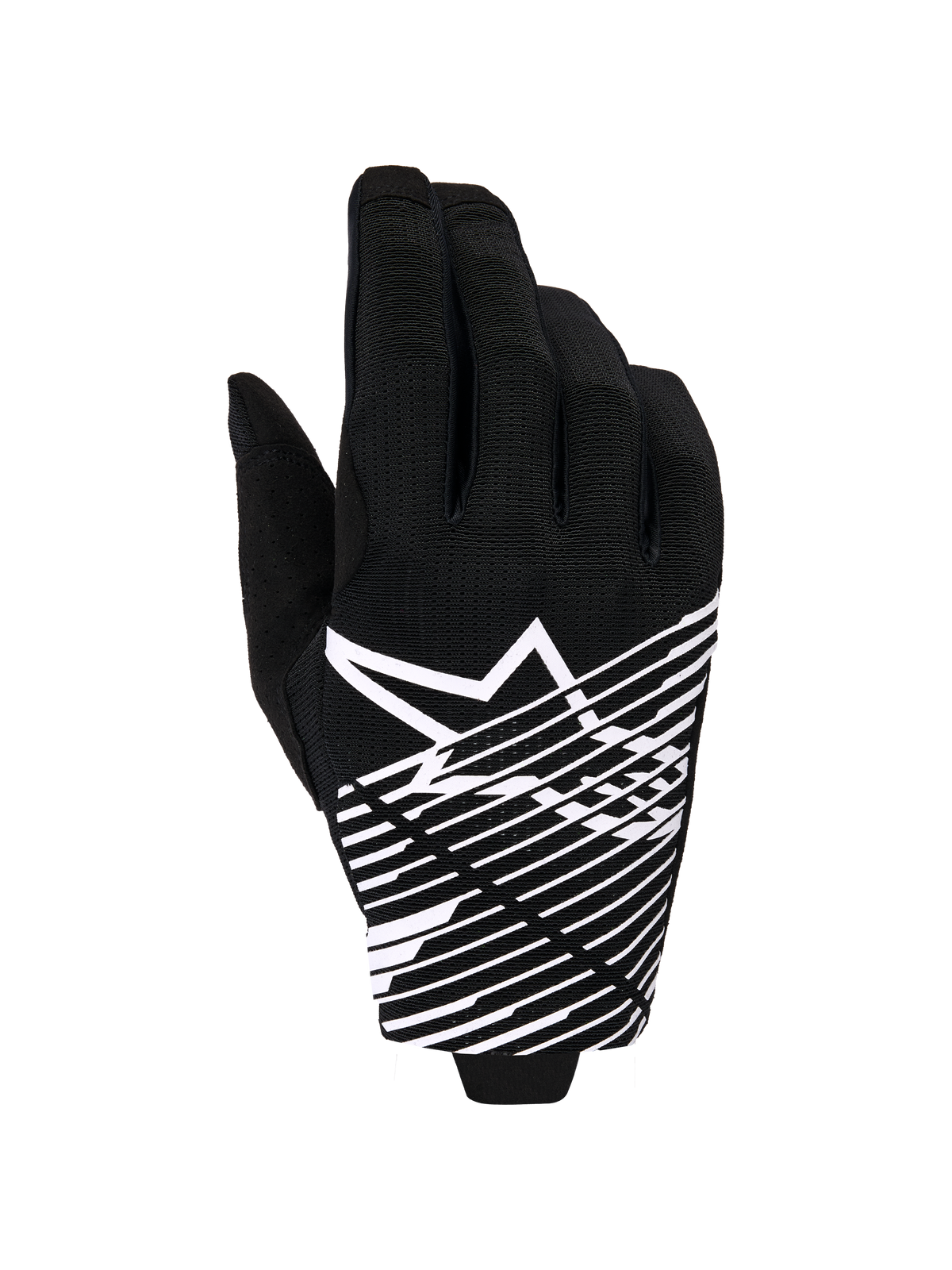 Alpinestars 2026 Radar Pro Gloves, rękawice motocrossowe, czarno-białe, z białym logo gwiazdy i grafiką w ukośne linie na wierzchu dłoni, oddychający materiał siatkowy z perforacjami, wyczynowy styl off-road