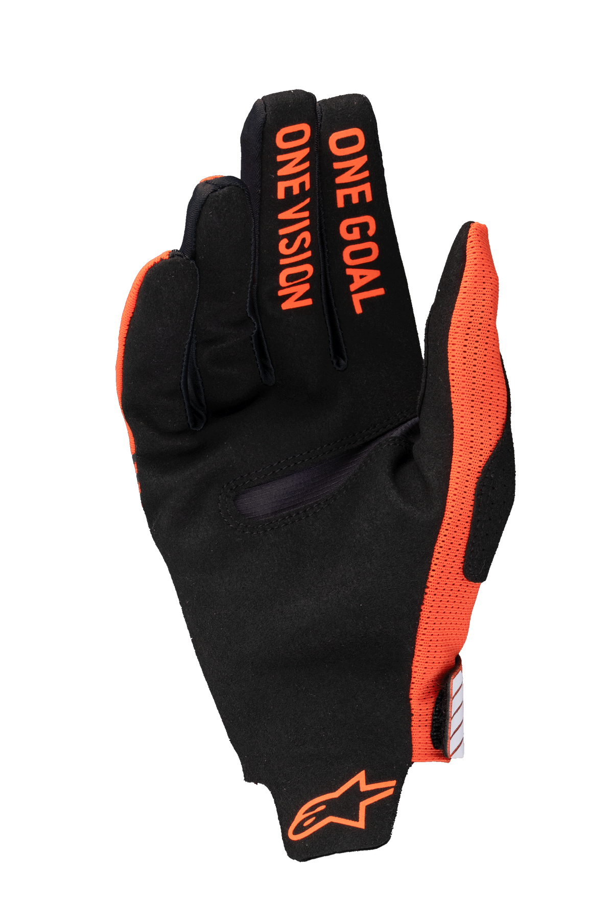 Alpinestars 2025 Radar Pro Gloves, rękawice motocrossowe, pomarańczowo-czarne, widok od strony dłoni z napisem „ONE GOAL ONE VISION” na palcach i pomarańczowym logo na nadgarstku, konstrukcja z syntetycznego zamszu i oddychającej siateczki