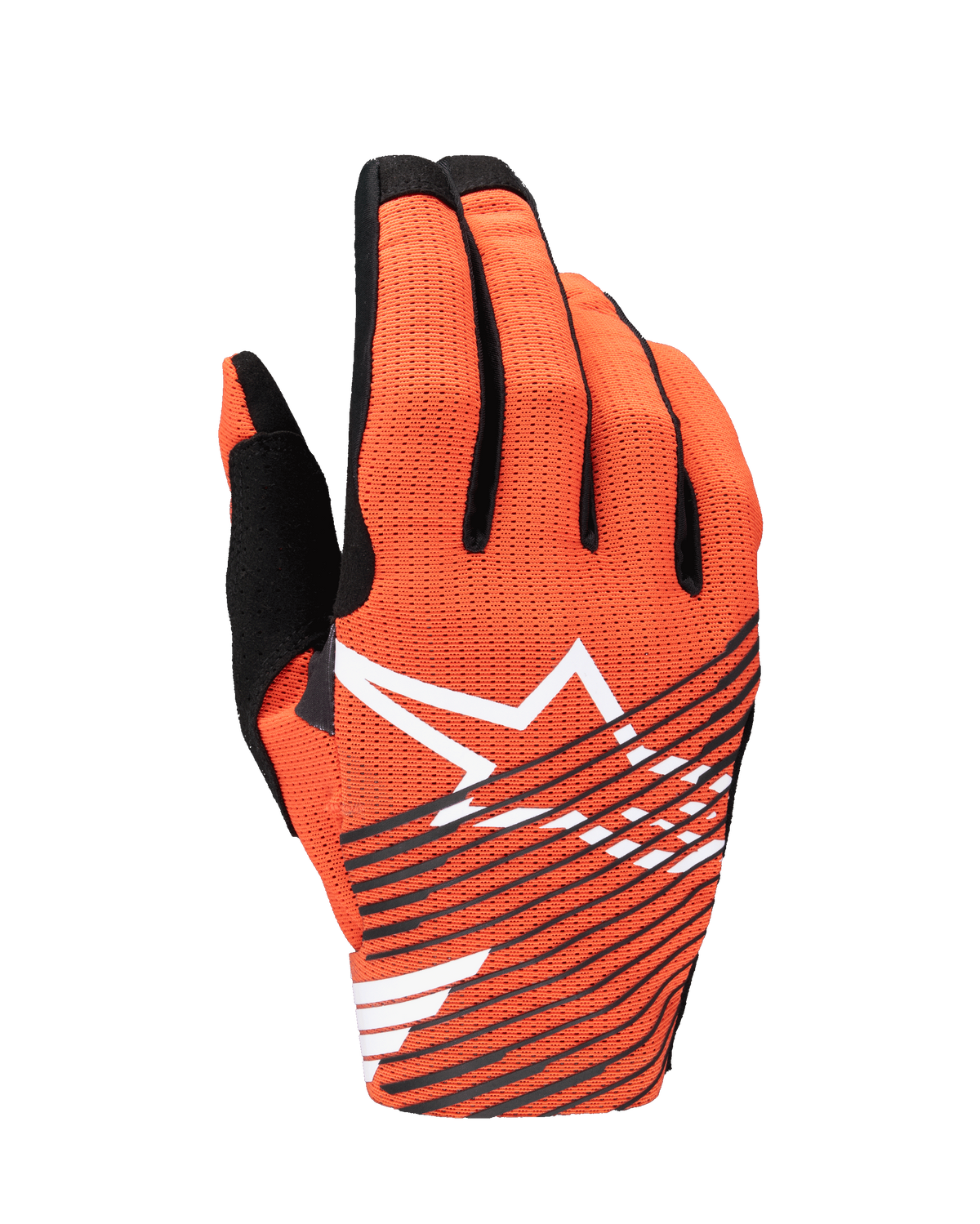 Alpinestars 2025 Radar Pro Gloves, rękawice motocrossowe, intensywny pomarańczowy i czarny, z dużym białym logo gwiazdy i czarnymi ukośnymi pasami na perforowanym wierzchu z siateczki, lekka konstrukcja zapewniająca przepływ powietrza