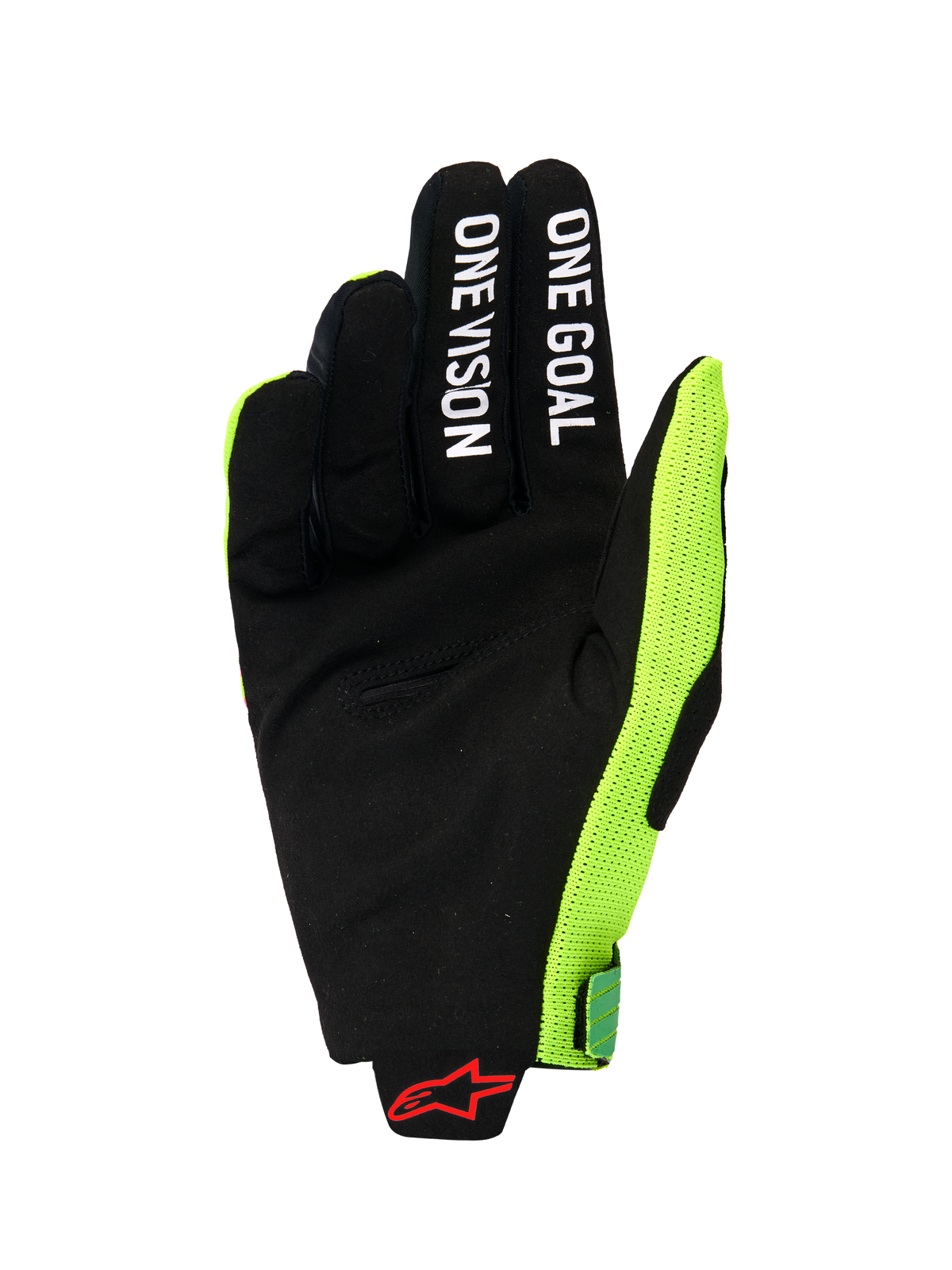 Alpinestars 2026 Radar Pro Gloves, widok od strony dłoni rękawicy motocrossowej, czarny syntetyczny zamsz z białymi napisami „ONE GOAL” i „ONE VISION” na palcach, jaskrawy neonowy żółty panel boczny z siateczki, czerwone logo Alpinestars na nadgarstku, minimalistyczny sprzęt wyczynowy do jazdy terenowej