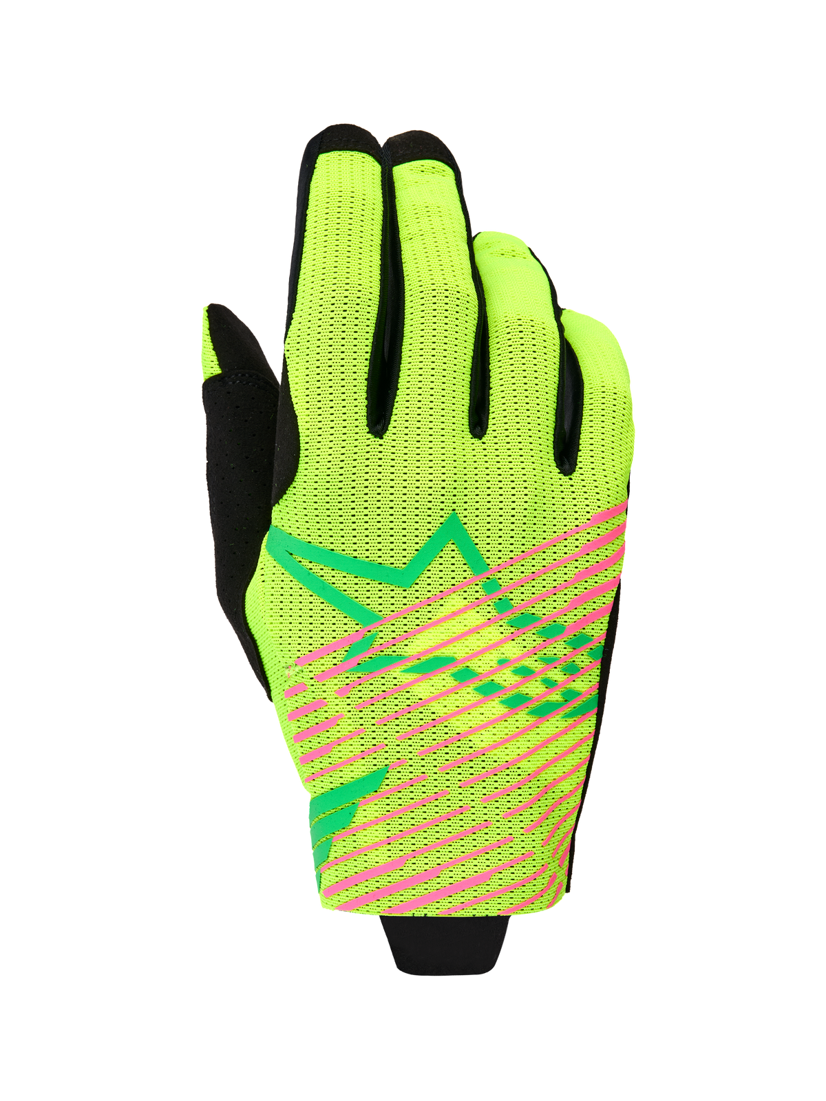 Alpinestars 2026 Radar Pro Gloves, rękawice motocrossowe, kolor zielono-żółty fluo i różowy fluo, jednowarstwowa konstrukcja z siateczki z wyrazistymi różowymi ukośnymi paskami i zielonym geometrycznym logo gwiazdy, lekka odzież wyścigowa off-road