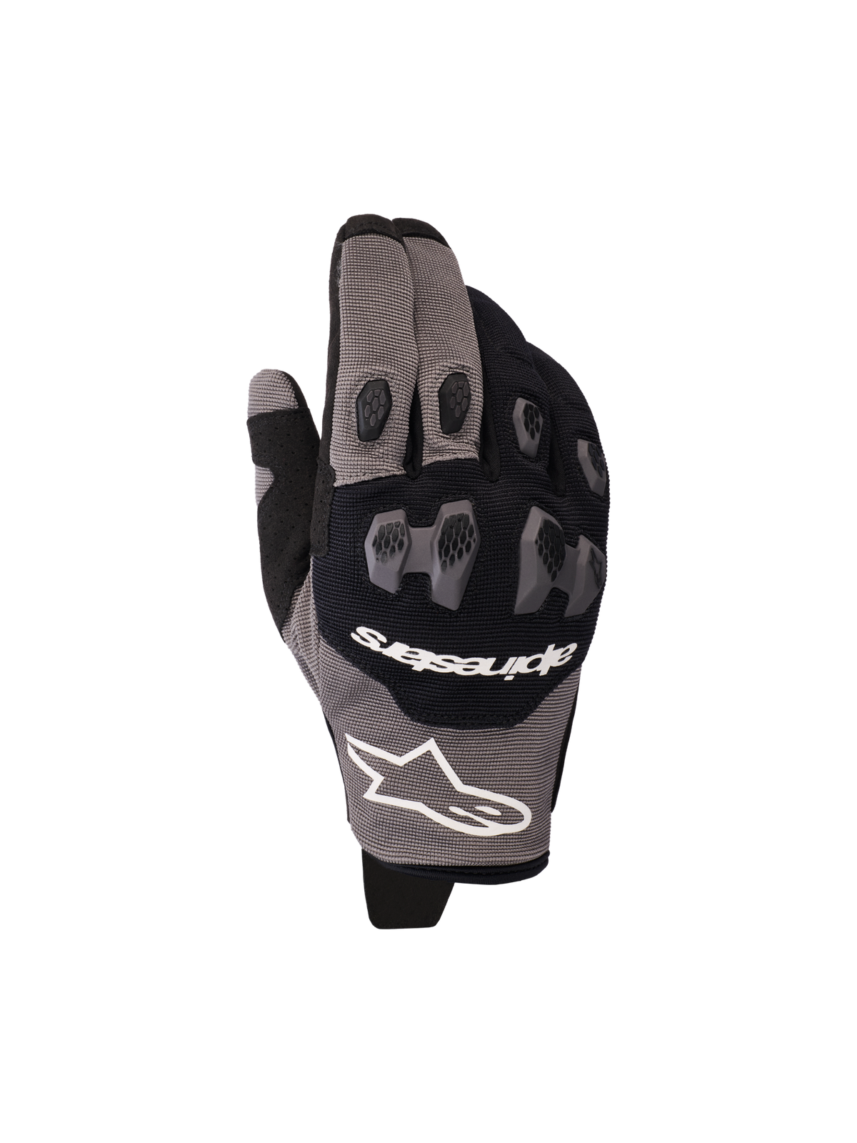Alpinestars 2026 Pro-Dura Gloves, rękawice motocyklowe, czarno-szare, dwuczęściowa ochrona kostek TPR o sześciokątnym wzorze, białe logo Alpinestars, wielopanelowa elastyczna konstrukcja z siatki, przeznaczone do jazdy enduro i off-road.