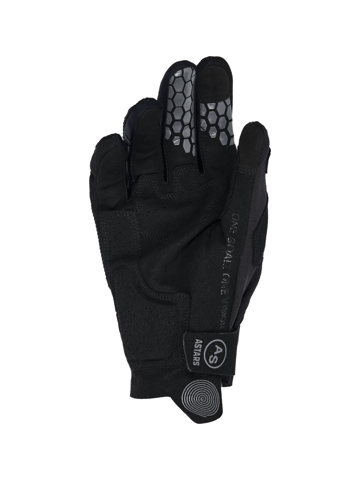 Alpinestars 2026 Radar Pro Gloves, rękawice motocrossowe, czarne, widok od strony dłoni przedstawiający konstrukcję z syntetycznego zamszu, szary silikonowy uchwyt o strukturze plastra miodu na palcu wskazującym i środkowym, napis „One Goal. One Vision.” wzdłuż boku oraz pasek z zapięciem na rzep z logo AS.