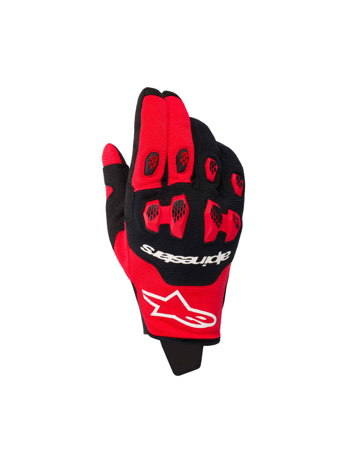 Alpinestars 2026 Pro-Dura Gloves, rękawice motocrossowe, jaskrawoczerwone i czarne, czerwone ochraniacze kostek TPR z czarnymi wstawkami o strukturze plastra miodu, białe logo marki, wielopanelowa elastyczna konstrukcja do wyścigów off-road