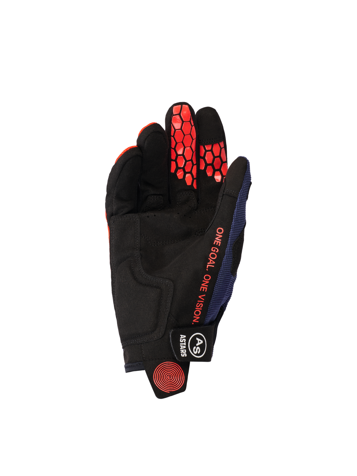 Alpinestars 2026 Pro-Dura Gloves, widok od strony dłoni, kolor granatowy, jaskrawopomarańczowy i biały, czarna dłoń z syntetycznego zamszu z pomarańczowym sześciokątnym silikonowym nadrukiem na palcach, pomarańczowy napis „ONE GOAL. ONE VISION.” i czarne zapięcie na nadgarstku z białym logo
