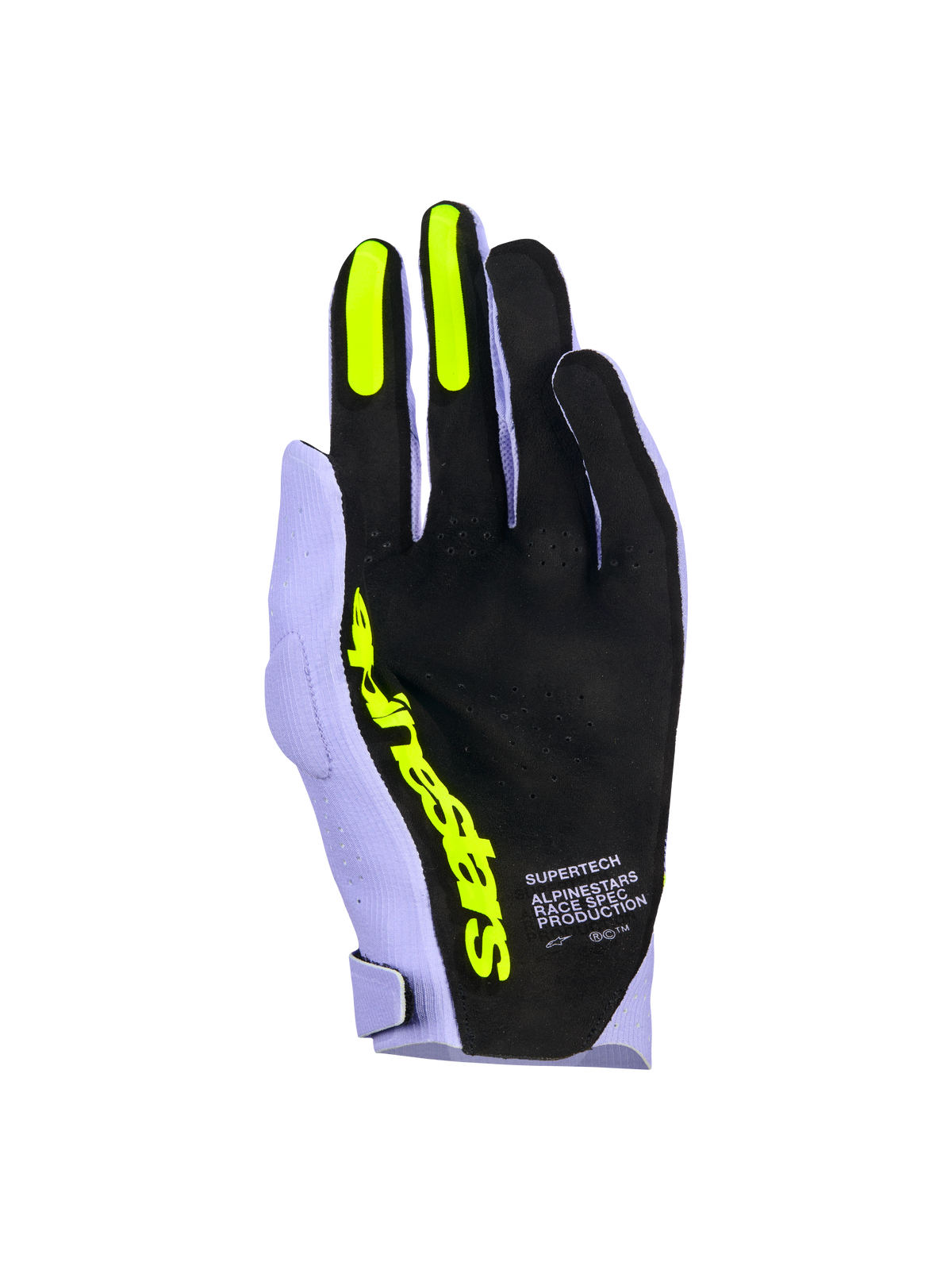 Rękawice Alpinestars Supertech MX, rękawice motocrossowe, lawendowy fiolet i neonowy żółty, widok od strony dłoni z czarnym perforowanym materiałem, neonowożółte silikonowe uchwyty na palcu wskazującym i środkowym, wyraźne żółte logo Alpinestars oraz napis „Race Spec Production”, wysokiej jakości sprzęt do wyścigów terenowych