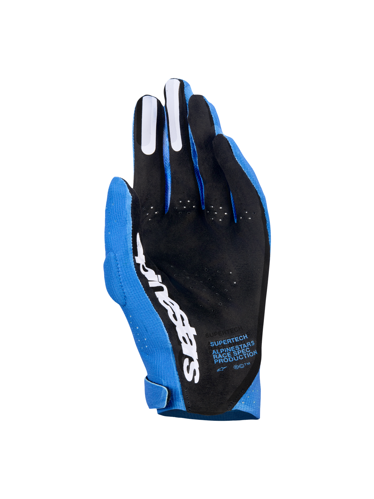 Rękawice Alpinestars Supertech MX, rękawice motocrossowe, błękitne i ciemnoniebieskie z białymi akcentami, widok dłoni z czarnym perforowanym materiałem, białe logo Alpinestars, silikonowe uchwyty na palcach, napisy techniczne, profesjonalny sprzęt wyścigowy off-road