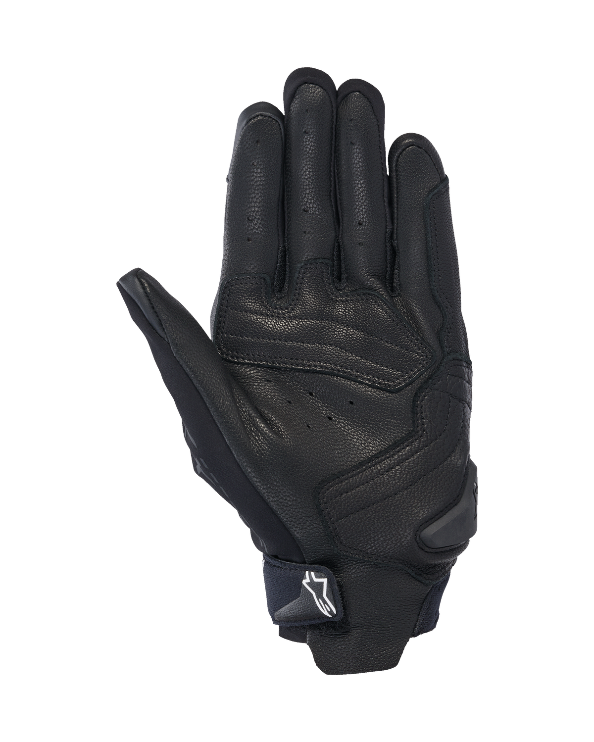 Alpinestars SP X 7 Gloves, widok od strony dłoni, czarne, krótkie motocyklowe rękawice sportowe, perforowana skórzana konstrukcja, wzmocnione nakładki na dłoni, ślizgacz TPR z białym logo Astars na pasku nadgarstkowym