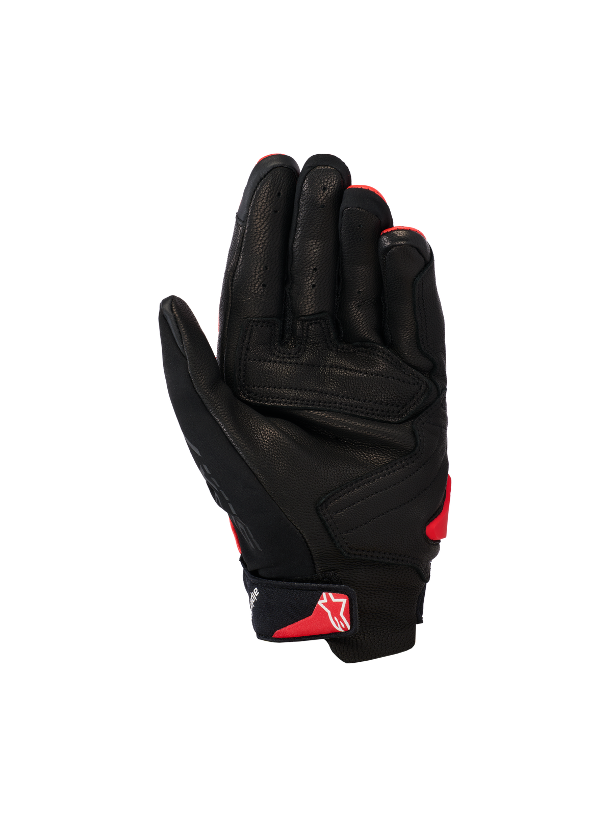 Rękawice Alpinestars SP X 7, krótkie rękawice motocyklowe, czarne i jaskrawoczerwone, widok od strony dłoni przedstawiający konstrukcję z perforowanej skóry, wzmocnione panele dłoni oraz czerwone logo Astars na pasku nadgarstka