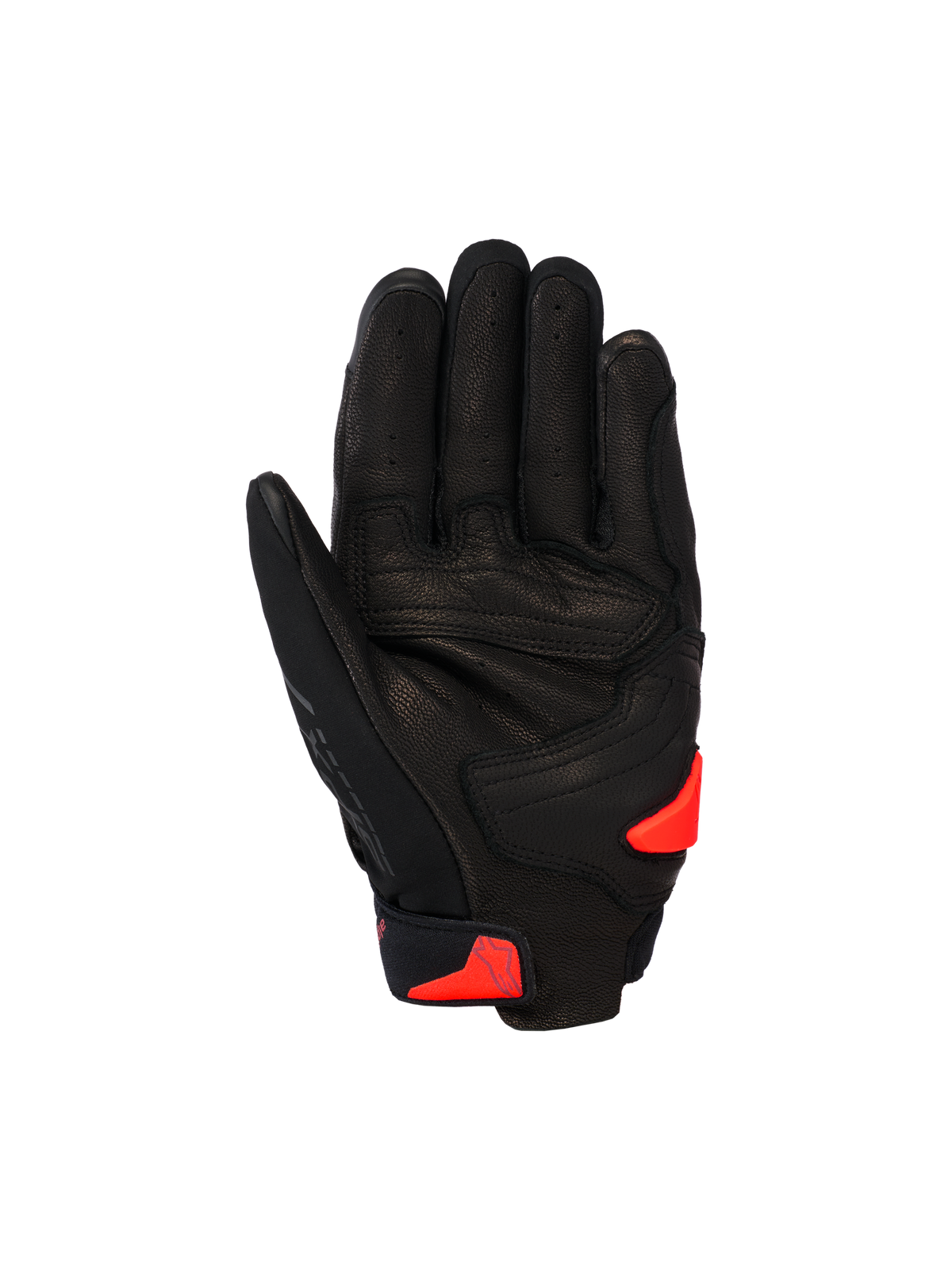 Rękawice Alpinestars SP X 7, krótkie sportowe rękawice motocyklowe, czarne z akcentami Red Fluo, widok od strony dłoni ukazujący konstrukcję z perforowanej skóry, wzmocniony obszar dłoni i ślizgacz dłoni TPR.