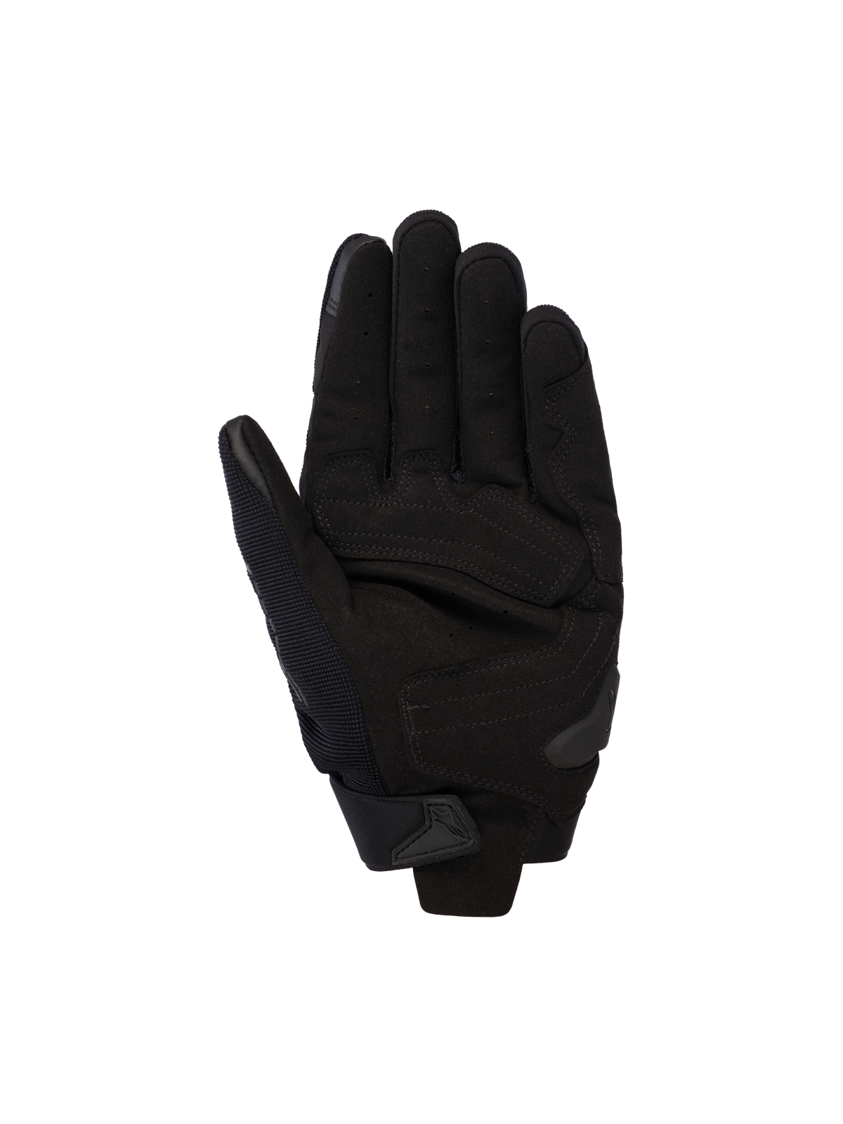 Alpinestars SP X 5 Air Gloves, czarne, widok dłoni z perforowaną skórą dla lepszego przepływu powietrza, wzmocnione nakładki na dłoni i ślizgacz TPR, zaprojektowane do jazdy sportowej i szosowej