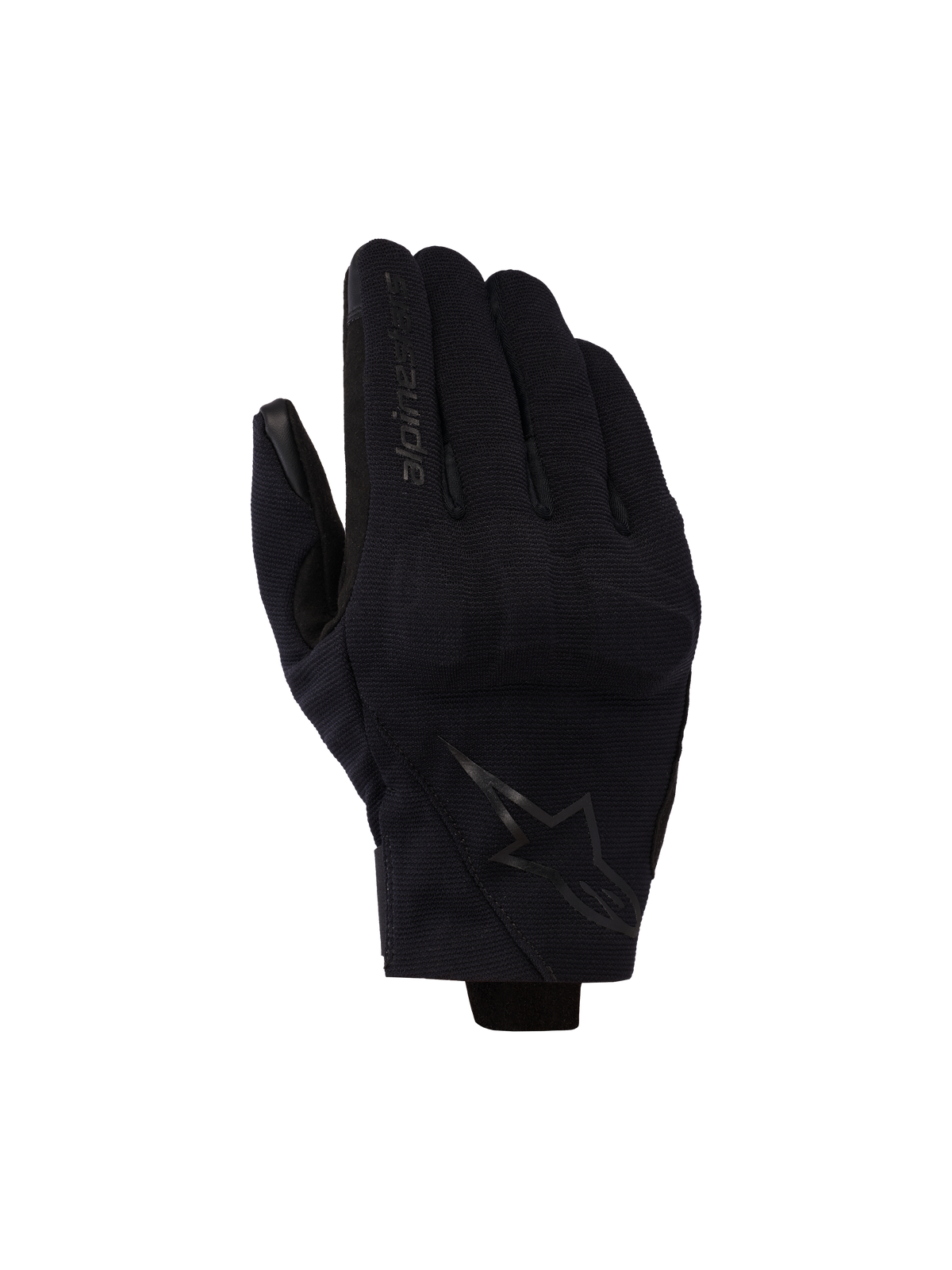 Alpinestars Reef V2 Gloves, Black, short cuff motorcycle gloves with textured stretch fabric, ergonomic design featuring brand logo on the index finger and star emblem on the back of the hand