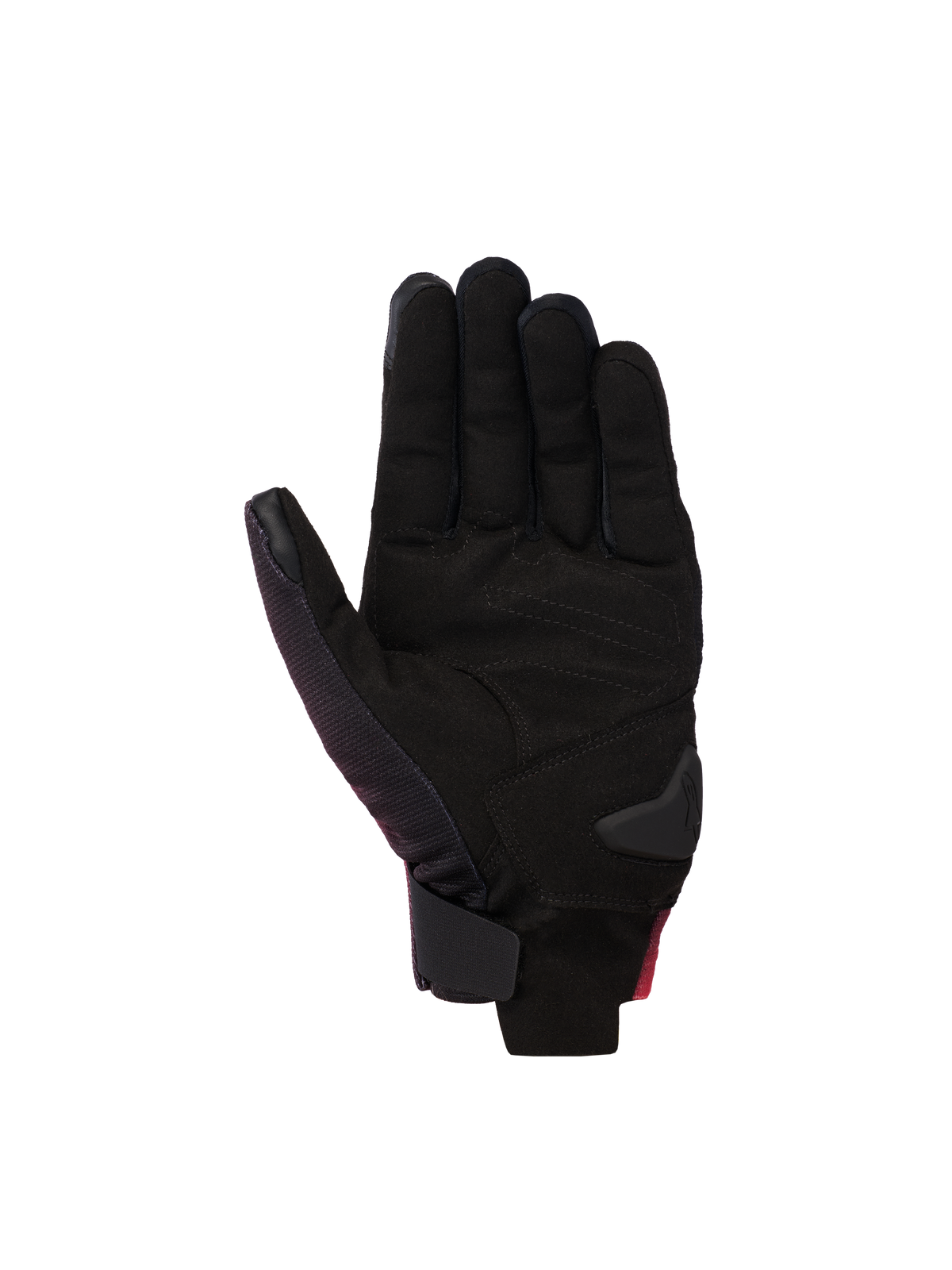 Alpinestars Reef V2 Gloves, rękawice motocyklowe, czarny, czerwony fluo i biały, widok od strony dłoni z syntetycznego zamszu z wyściełanymi wzmocnieniami, krótki mankiet z zapięciem na rzep