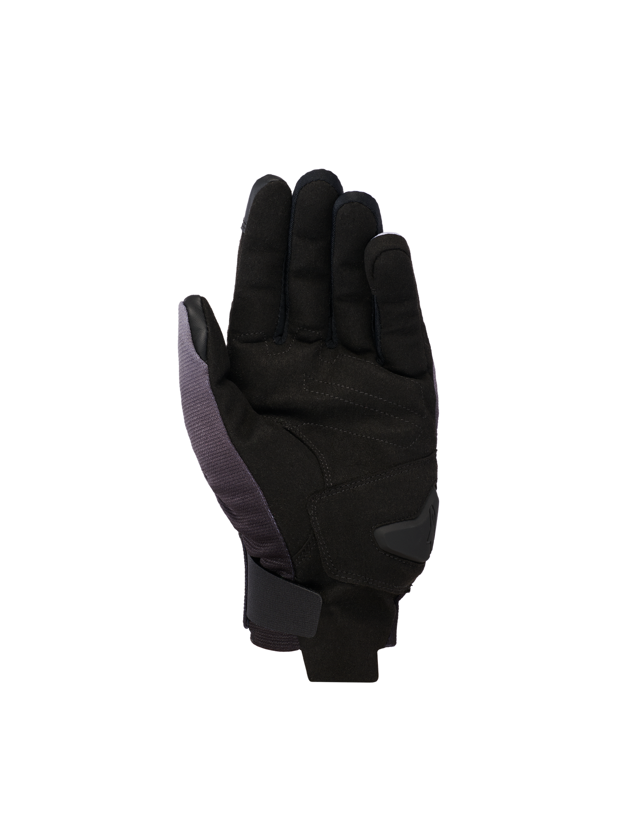 Rękawice Alpinestars Reef V2, motocyklowe rękawice z krótkim mankietem, szaro-czarno-białe, widok od strony dłoni z syntetycznego zamszu z wyściełanym wzmocnieniem i bezpiecznym zapięciem na rzep na nadgarstku.