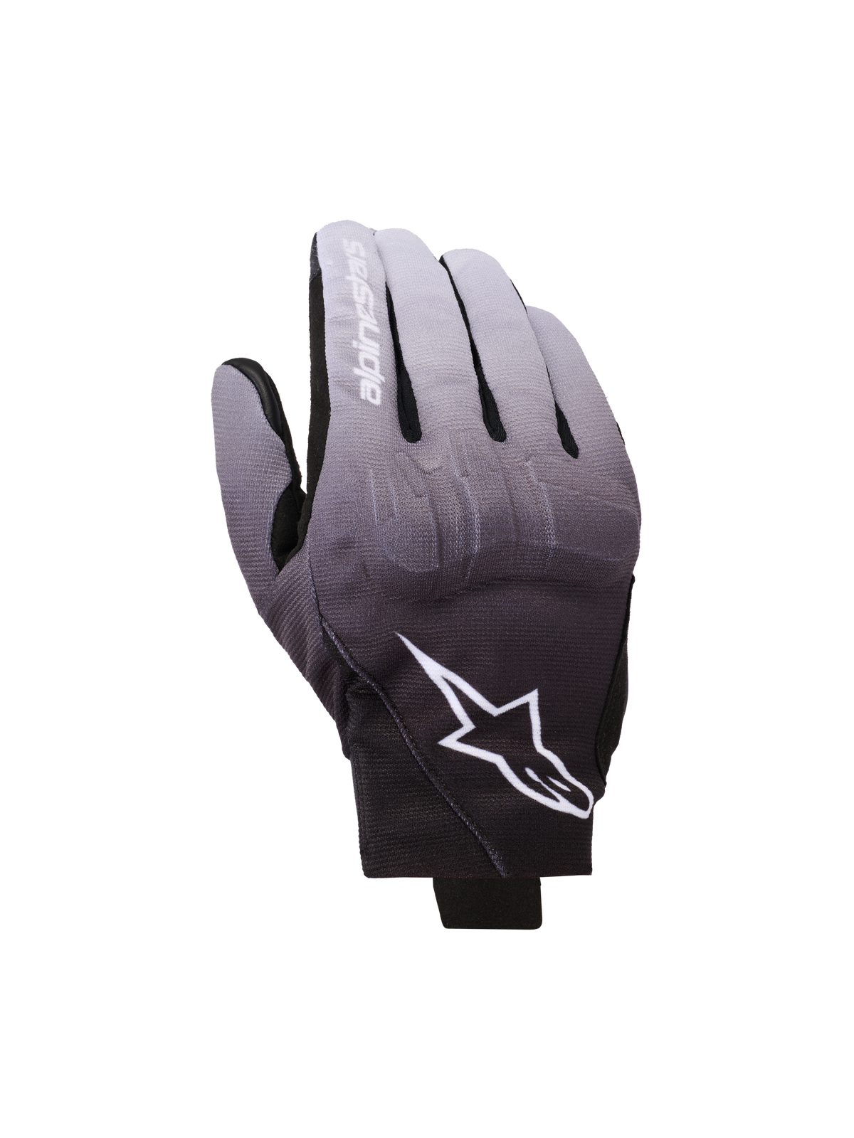 Rękawice Alpinestars Reef V2, rękawice motocyklowe, szaro-czarny gradient, białe logo gwiazdy i nazwa marki na palcu wskazującym, krótki mankiet, miejski design z ochroną kostek TPU i elastycznym materiałem tekstylnym