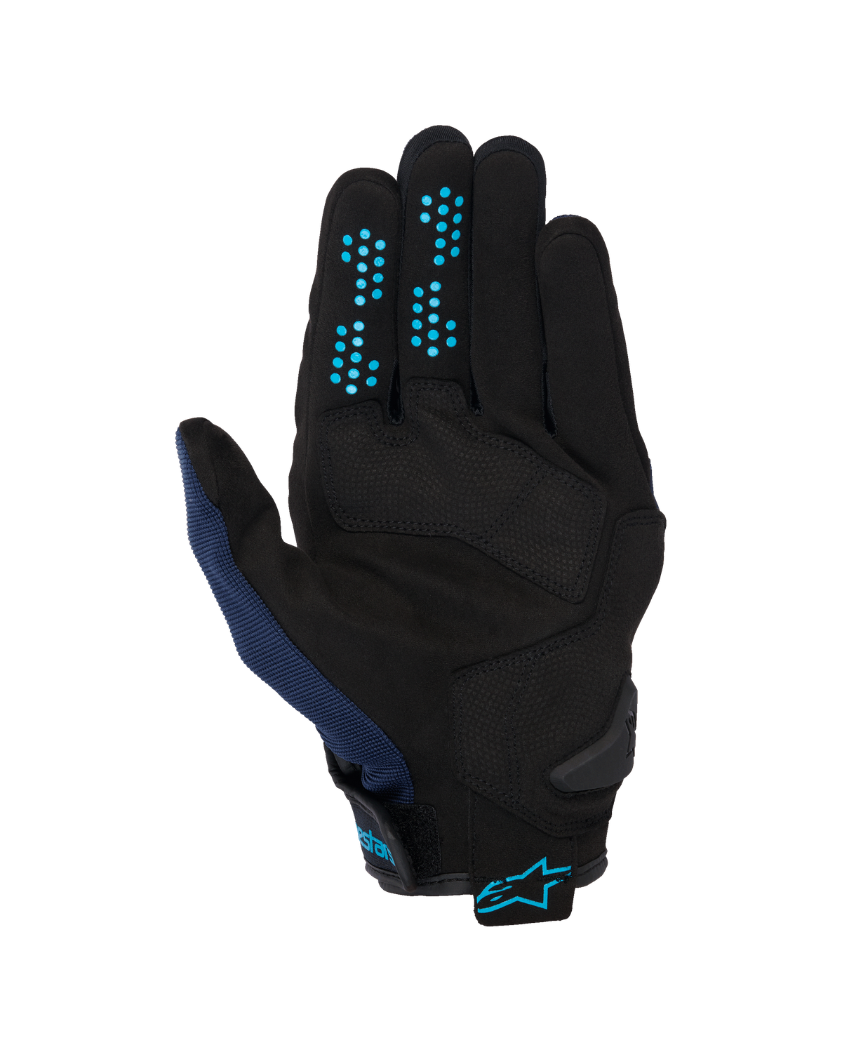 Alpinestars Chrome V2 Gloves, Dark Blue Hawaiian Ocean, widok od strony dłoni, czarna konstrukcja z syntetycznego zamszu z niebieskimi silikonowymi kropkami na palcach, oddychająca siatka na kciuku, regulowany mankiet z niebieskim logo Alpinestars