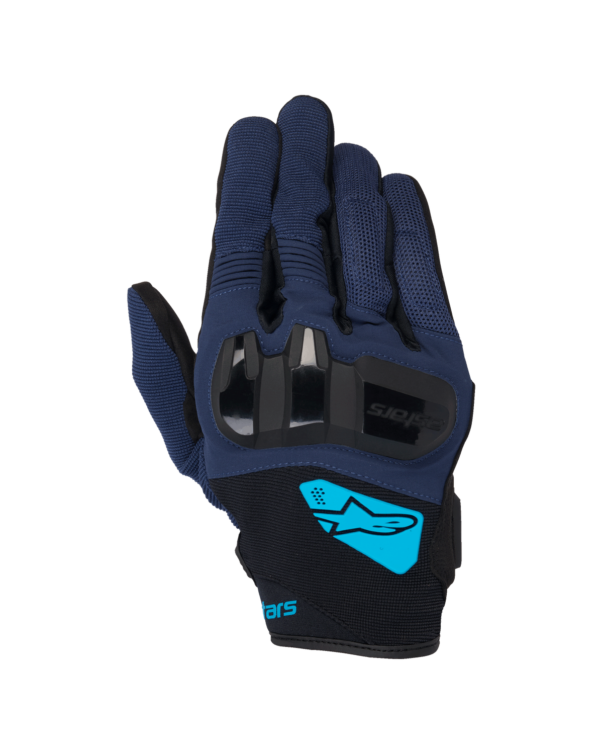 Alpinestars Chrome V2 Gloves, rękawice motocyklowe, ciemnoniebieskie i czarne, z twardymi ochraniaczami kostek TPU, jaskrawoniebieskie logo Alpinestars na nadgarstku, miejskie rękawice z krótkim mankietem