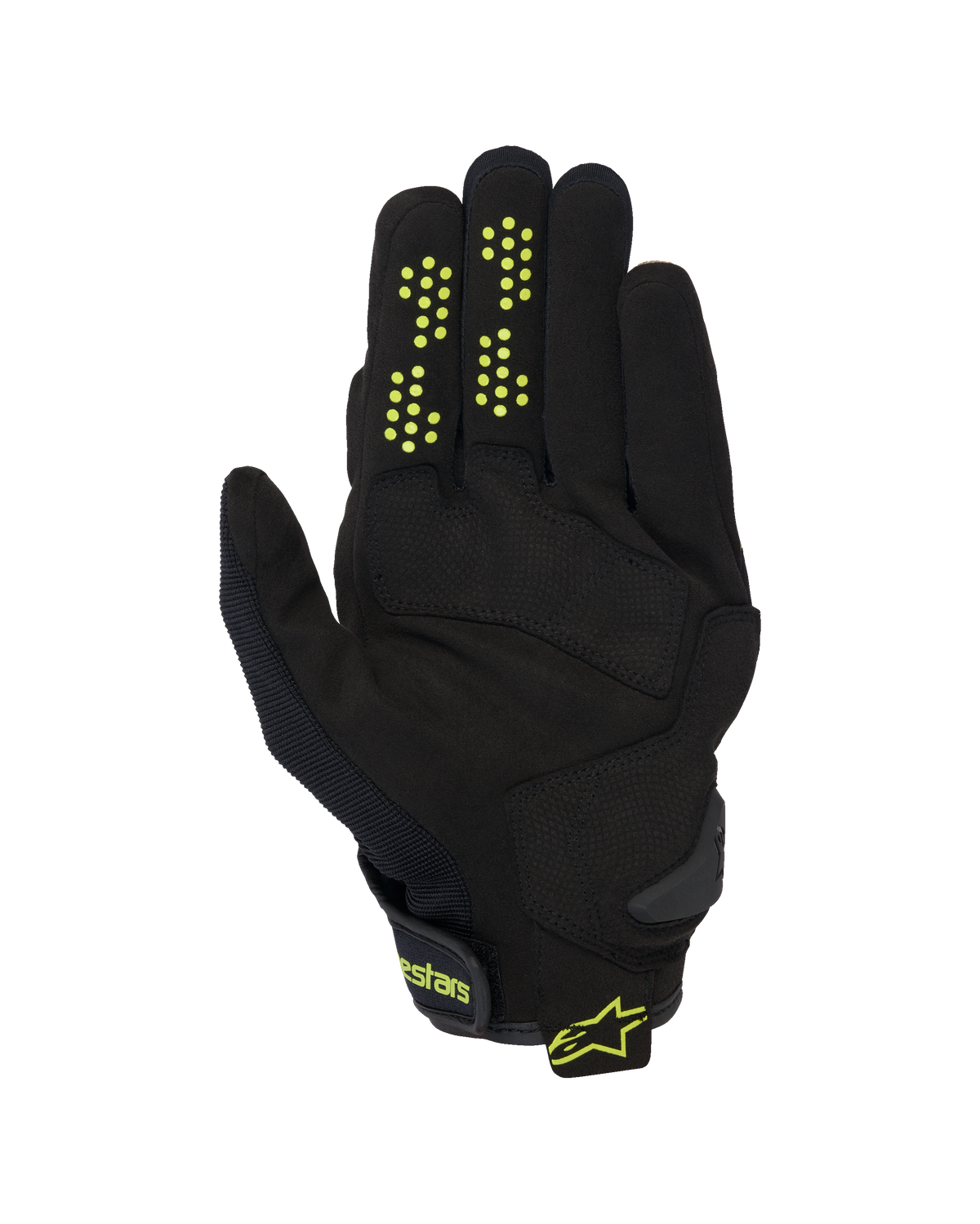 Alpinestars Chrome V2 Gloves, motocyklowe rękawice z krótkim mankietem, czarne z neonowo-żółtymi akcentami, widok od strony dłoni pokazujący konstrukcję z syntetycznego zamszu, silikonowe kropki na palcach, zapięcie na rzep z logo Alpinestars