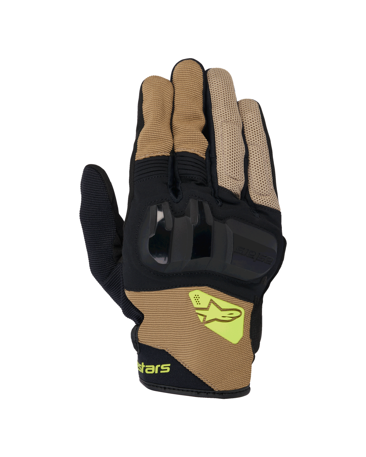 Rękawice Alpinestars Chrome V2, motocyklowe rękawice z krótkim mankietem, w kolorze ciemnego khaki i czarnym, z twardą ochroną kostek, oddychającymi panelami z siatki i fluorescencyjnym żółtym logo Alpinestars, miejska odzież motocyklowa