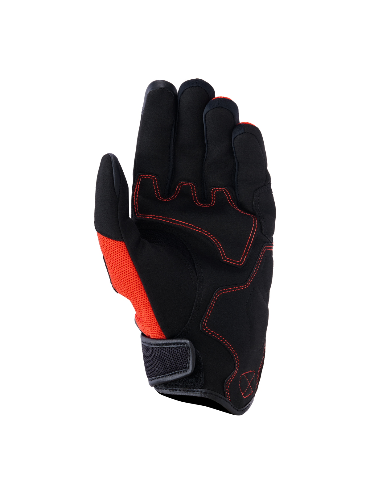 Alpinestars Ignite Gloves, widok od strony dłoni, kolor czarny i czerwony Red Tangerine, dłoń z syntetycznego zamszu z czerwonymi kontrastowymi przeszyciami, boczny panel z siateczki, krótki mankiet z paskiem na rzep, miejska odzież motocyklowa