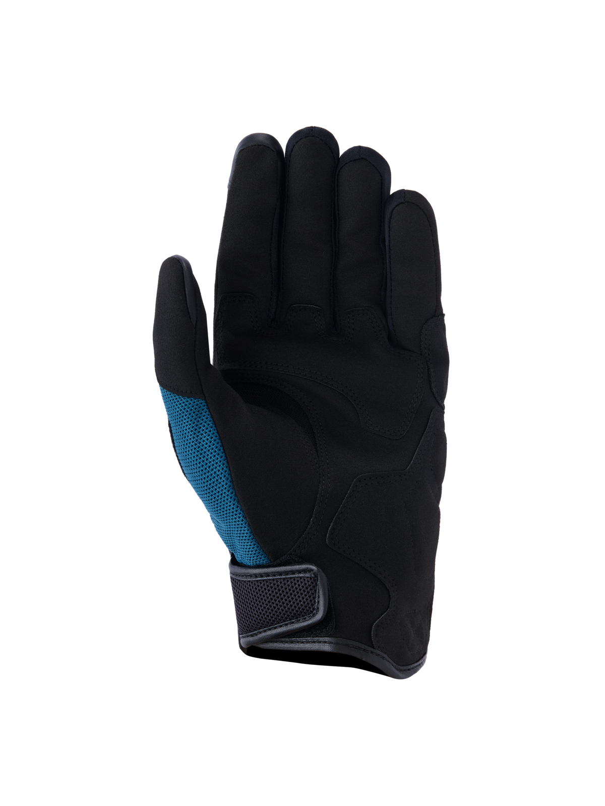 Alpinestars Ignite Gloves, miejskie rękawice motocyklowe, granatowo-czarne, widok dłoni z syntetycznego zamszu ze strategicznymi wyściółkami, boczny panel z turkusowej siatki, krótki mankiet z zapięciem na rzep