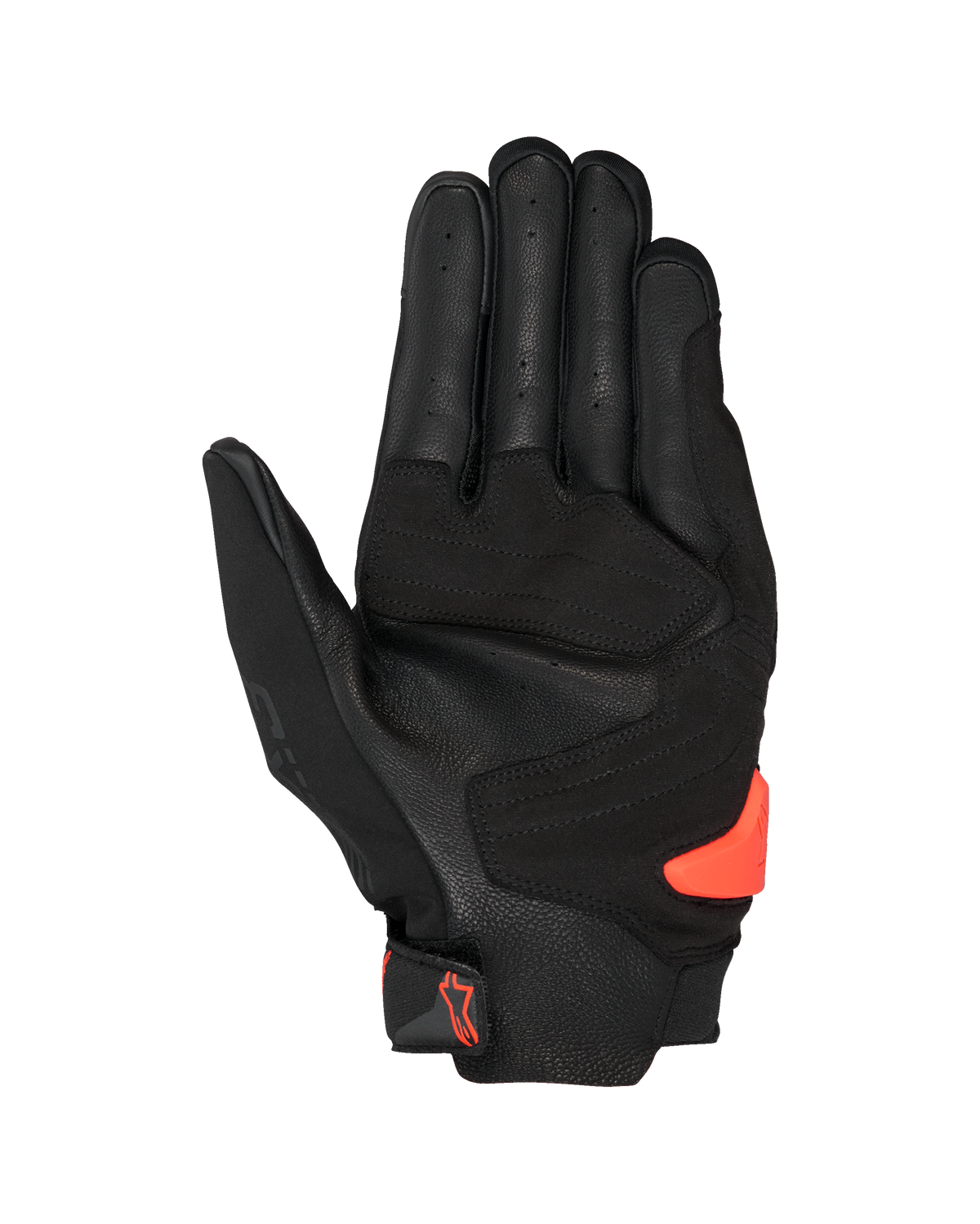 Rękawice Alpinestars SP X 3, czarno-czerwone Fluo, widok od strony dłoni z perforowaną skórą, syntetycznymi wzmocnieniami i jaskrawopomarańczowym ślizgaczem TPR, sportowa i wyścigowa odzież motocyklowa