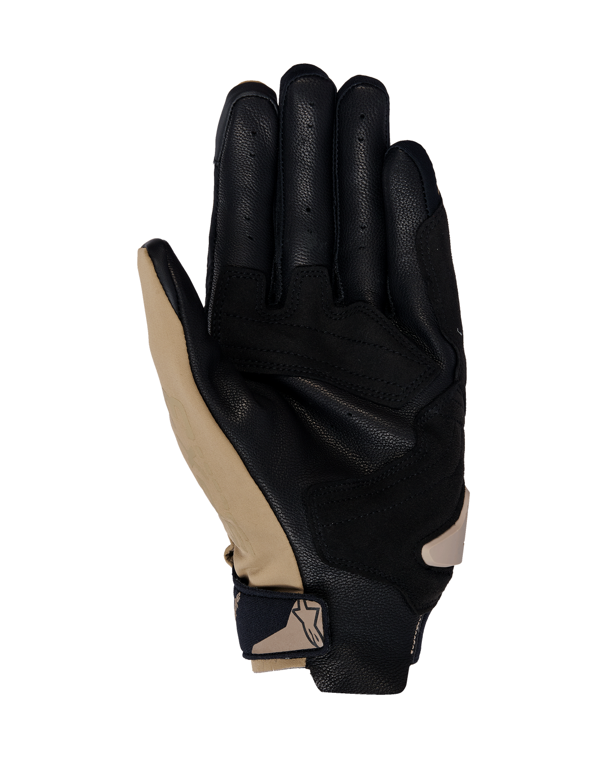 Rękawice Alpinestars SP X 3, rękawice motocyklowe, kolor Dark Khaki Sand Black, widok od strony dłoni z perforowaną czarną skórą i syntetycznymi nakładkami w kolorze khaki, kompaktowy pasek na nadgarstku z logo, ergonomiczny design do jazdy sportowej i szosowej