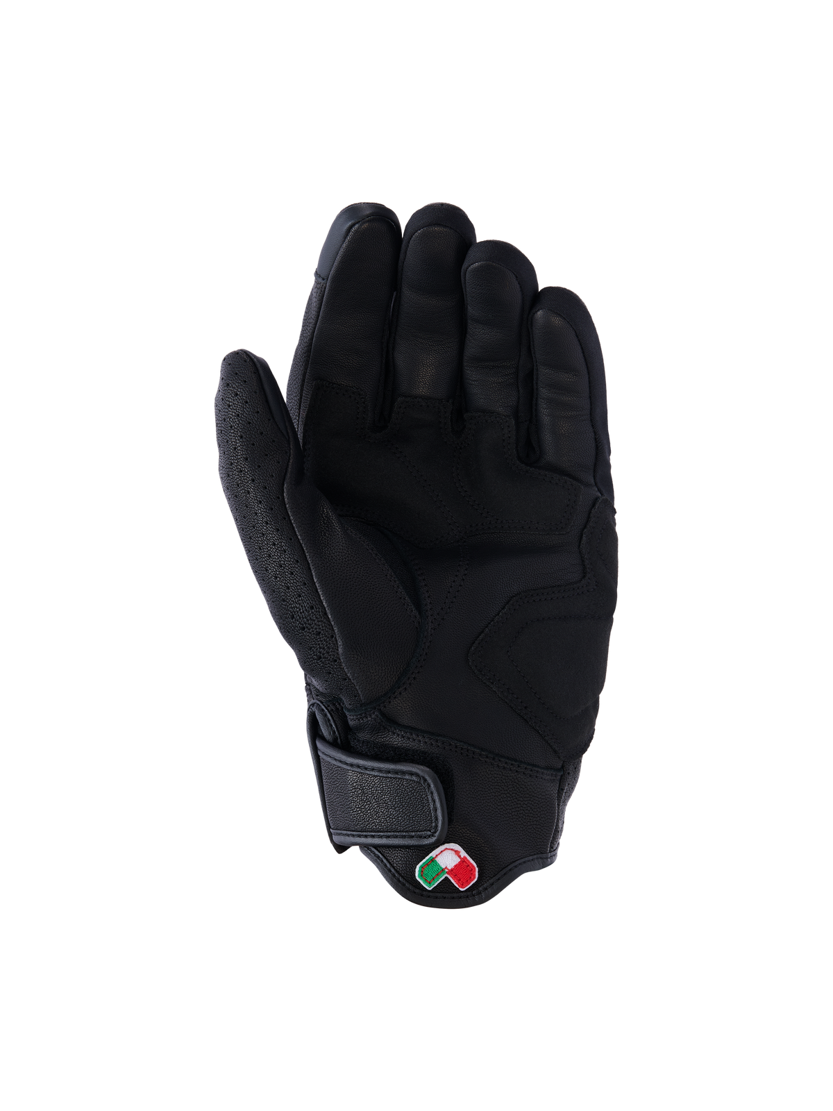 Alpinestars Mustang V3 Leather Gloves, czarne, widok od strony dłoni, konstrukcja z wysokiej jakości skóry koziej ze wzmocnionymi strefami chwytu, krótki mankiet z zapięciem na rzep i małą haftowaną naszywką z logo, miejska motocyklowa odzież ochronna