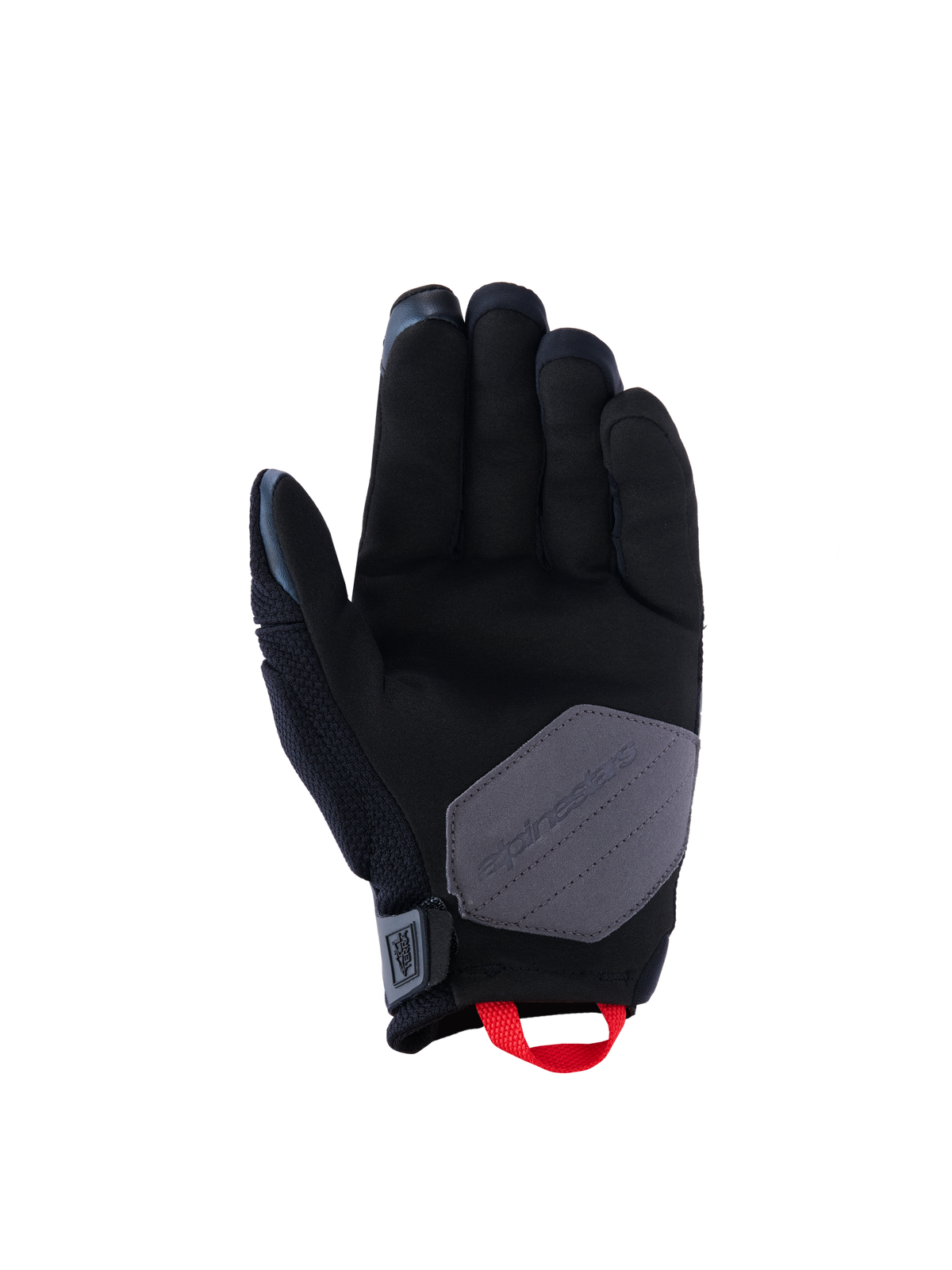 Rękawice Alpinestars Durack, rękawice motocyklowe, czarne i ciemnoszare z jaskrawoczerwonymi akcentami, widok od strony dłoni ukazujący konstrukcję z syntetycznego zamszu z szarym wzmocnieniem i czerwoną pętlą, odzież do jazdy adventure i dual-sport