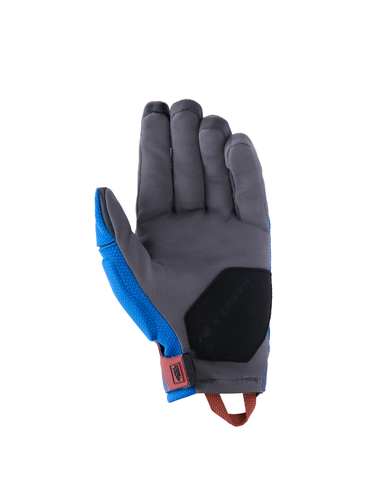 Alpinestars Durack Gloves, motocyklowe rękawice adventure, niebieskie i ciemnoszare, widok od strony dłoni z szarego syntetycznego zamszu, czarne wzmocnienie na spodzie dłoni, czerwona patka na nadgarstku i pomarańczowa pętla