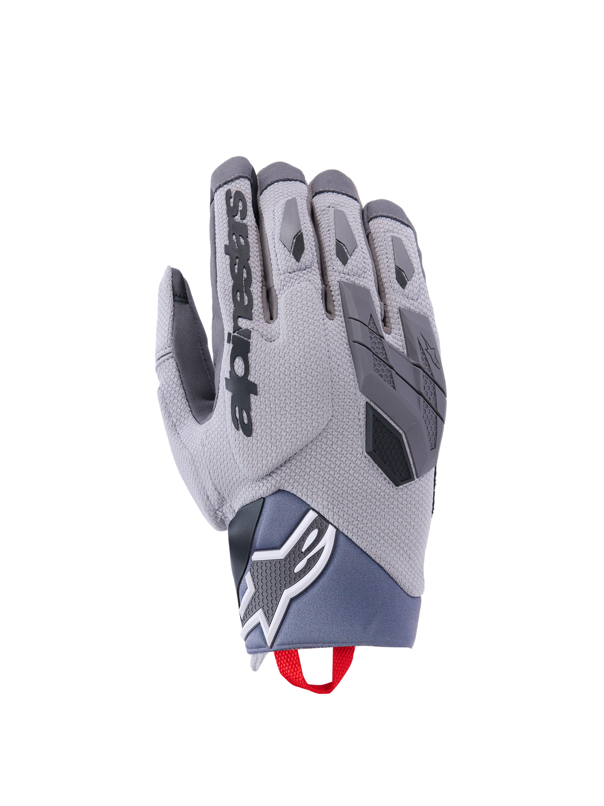 Alpinestars Durack Gloves, Motorcycle Gloves, Dark Gray and Mid Gray, Textured Spandex backhand, TPR knuckle protection, Alpinestars logo on wrist, red pull tab, modern adventure riding gear
